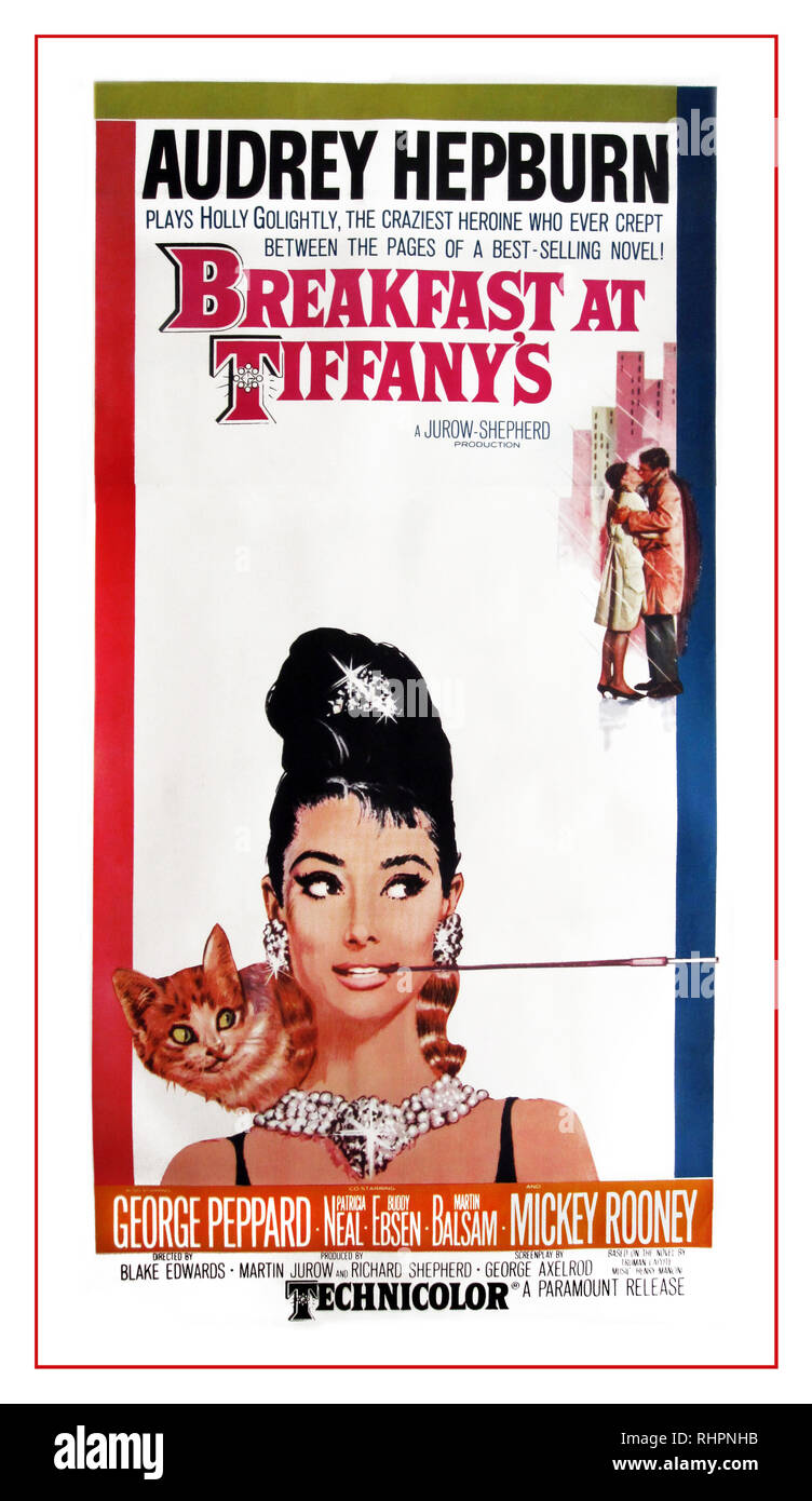 Vintage movie Film Poster BREAKFAST AT TIFFANY’S, AUDREY HEPBURN, George Peppard, Mickey Rooney, Patricia Neal, Buddy Ebsen, Martin Balsam Directed by  Blake Edwards ''Moon River' Henry Mancini. poster by artist McGinnis 1961 Stock Photo