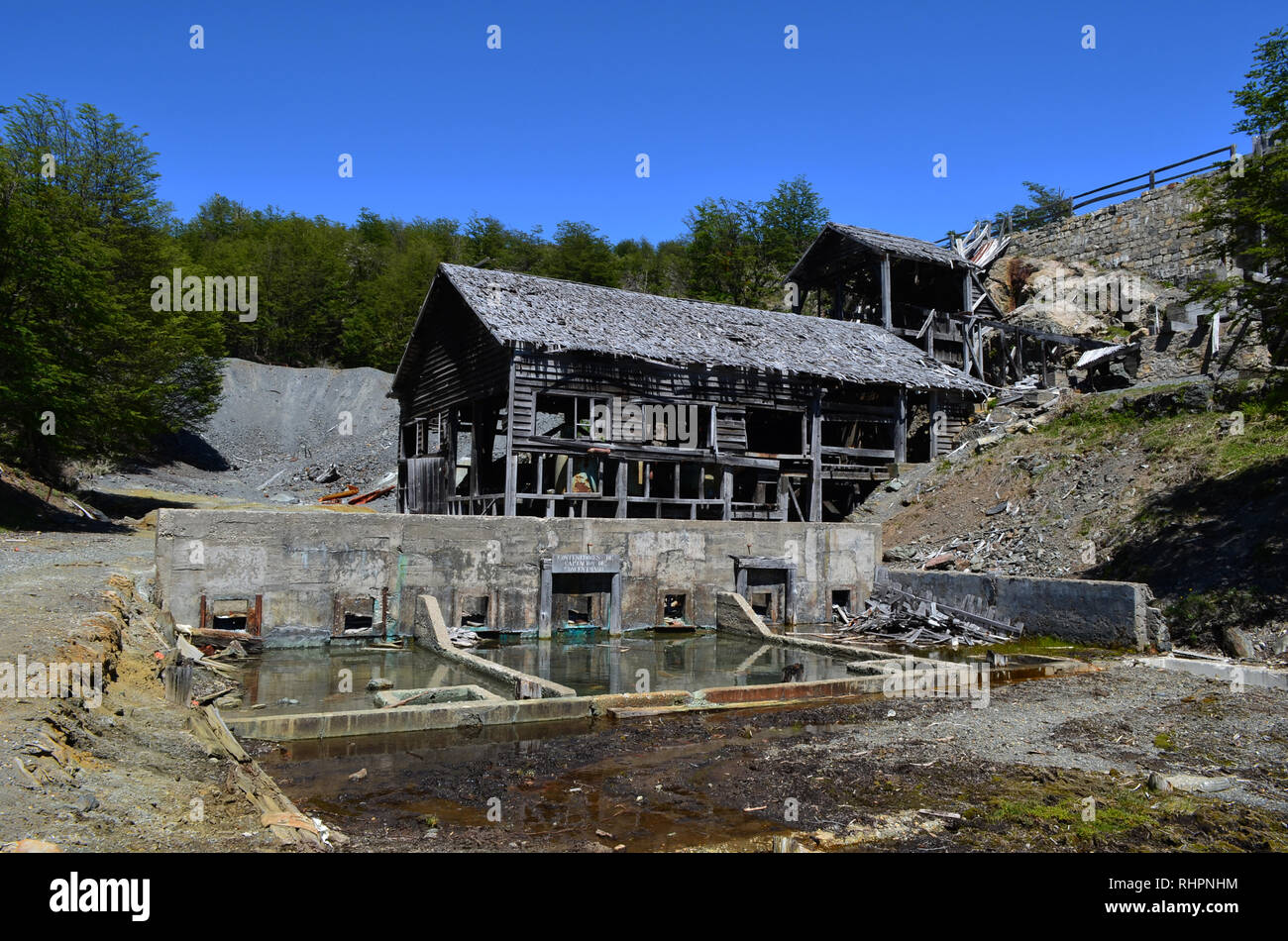 Mina Escondida, an abandoned lead, zinc and copper mine near Puerto Guadal, Chile Stock Photo