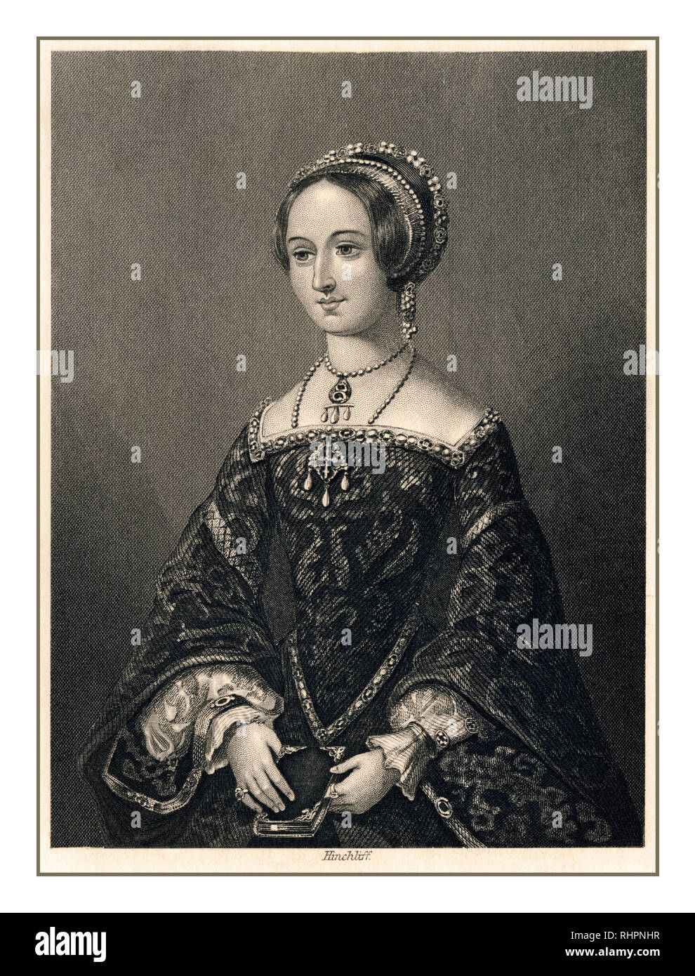 Marguerite, Queen of Navarre, in an engraving by Hinchliff. From an 1864 edition of the Heptameron. 'The Heptameron of Margaret, Queen of Navarre. Translated from the French, With a Memoir of the Author by Walter K. Kelly.' (1864) London, Henry G. Bohn, York Street, Covent Garden. Author John James Hinchliff (1805-1875) Stock Photo