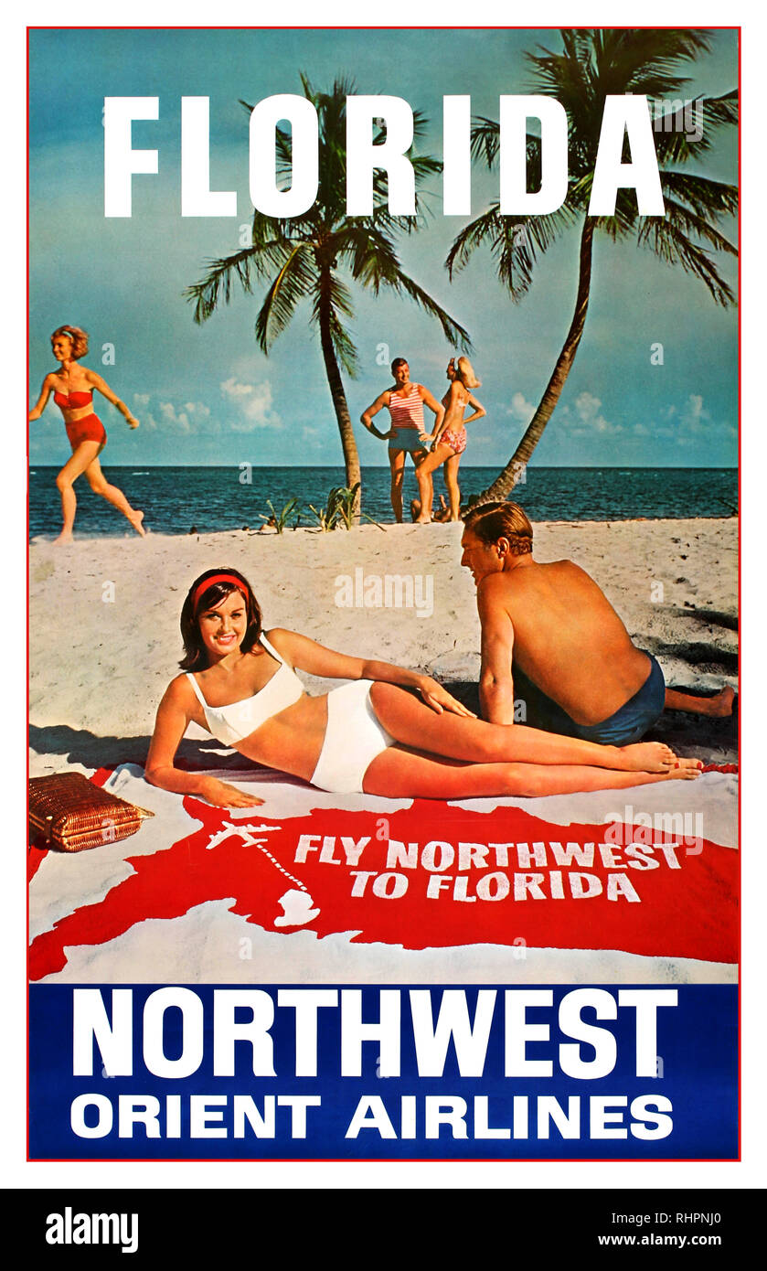 1950's Vintage travel advertising poster for Florida – Fly Northwest to Florida – Northwest Orient Airlines. Retro design featuring a photograph of people enjoying the sunshine on a sandy beach with a young couple talking below palm trees in front of the sea as a lady wearing a red bikini runs by and another couple in the foreground lies relaxing on a beach towel with the map of the United States on it marking the flight route, the text above and below in stylised white letters. Northwest Airlines was founded as Northwest Airways in 1926 Stock Photo