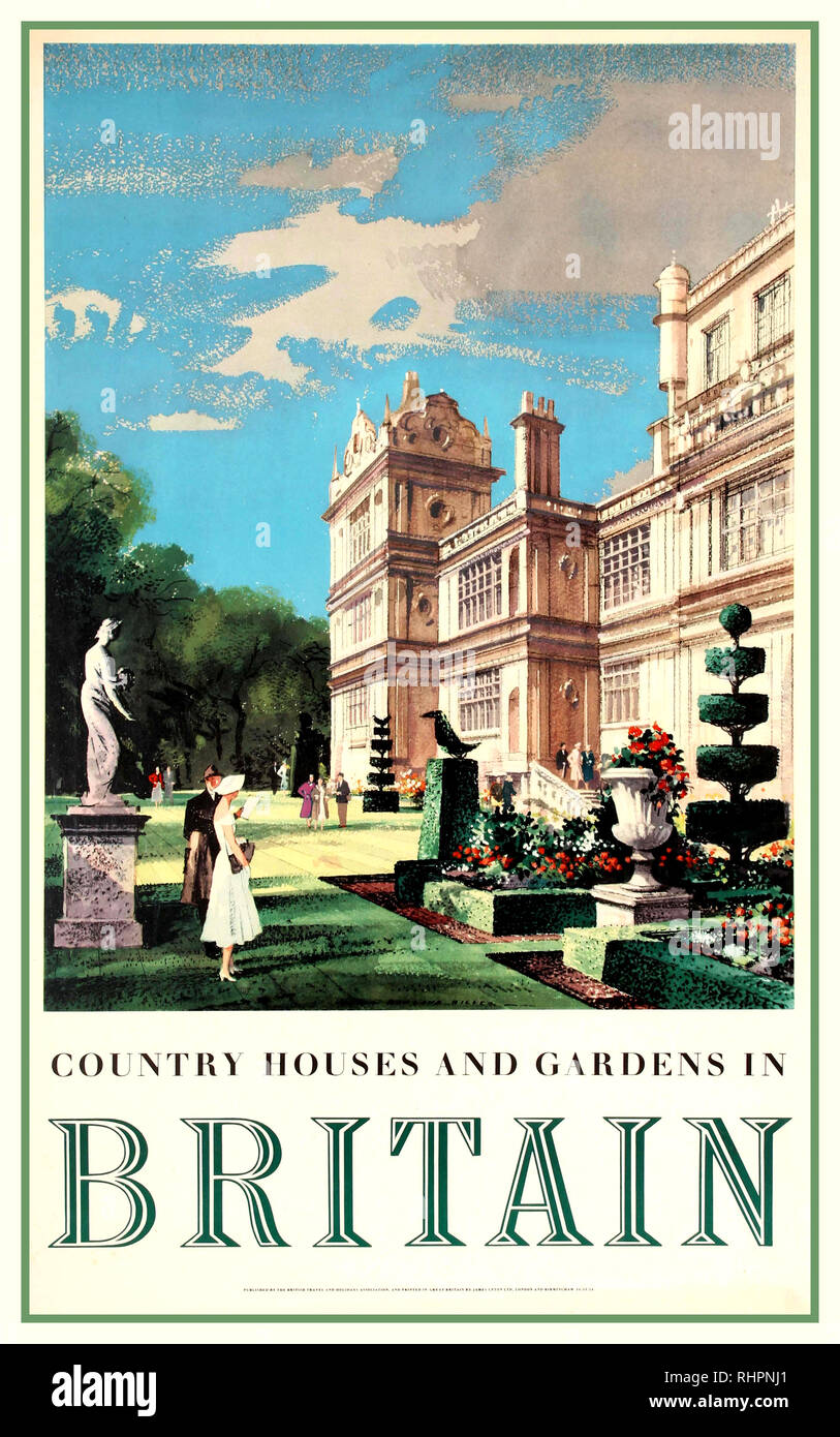 Vintage UK travel poster promoting Britain and its Country Houses and Gardens featuring design by Rowland Hilder of people enjoying the grounds of a country manor on a sunny day including trimmed hedges statues flowers and trees. UK Graphic Artist Rowland Hilder 1952 Stock Photo