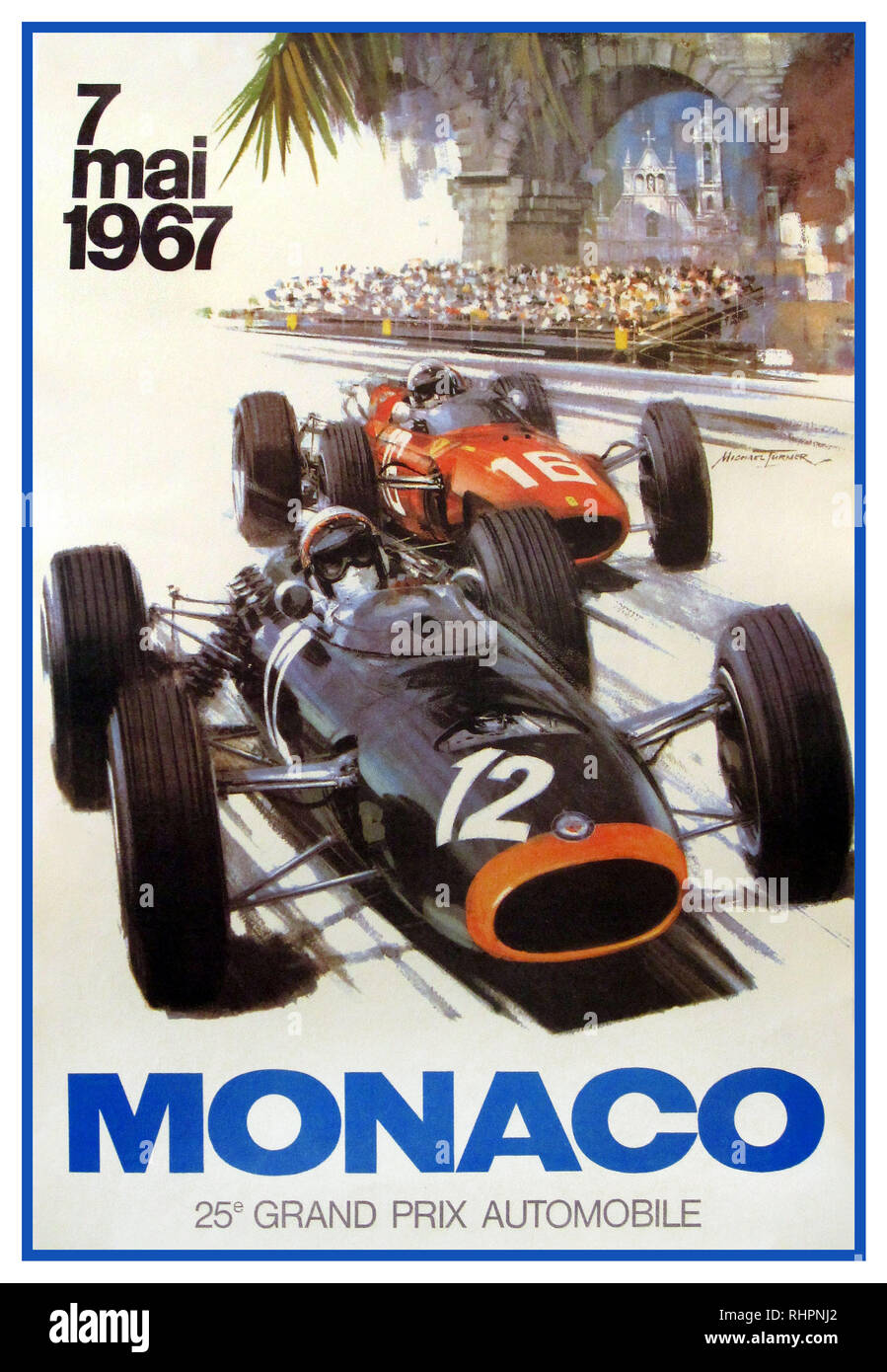 GRAND PRIX MOTOR RACING GP MONACO 7th May 1967 by Michael Turner Artist... The 100-lap race was won by Brabham driver Denny Hulme after he started from fourth position. Graham Hill finished second for the Lotus team and Ferrari driver Chris Amon came in third. (Poster illustrates Jim Clark Lotus Climax Racing with No 12 and Lorenzo Bandini Ferrari with No 18) Stock Photo