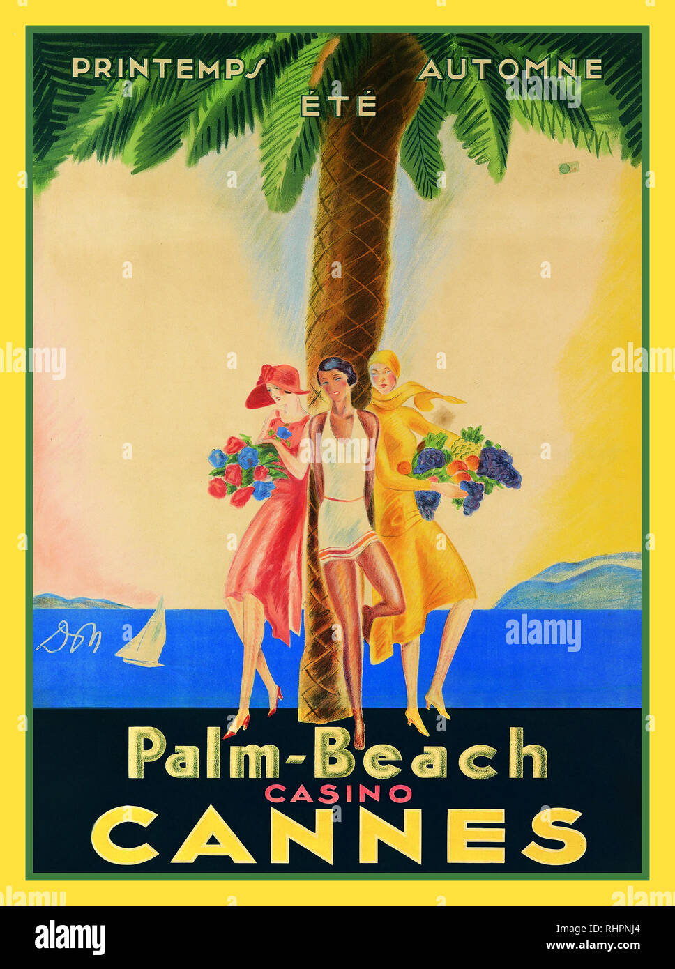 Vintage Travel Art Deco 1920's Poster Palm Beach Casino Cannes Cote d'Azur France Printemps Eté Automne Stock Photo