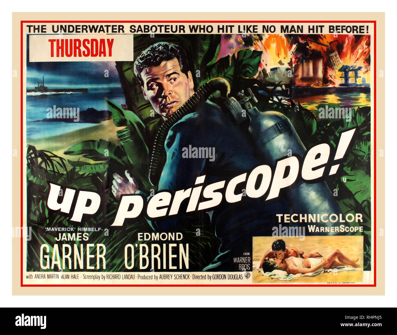 Vintage movie film poster for the UK release of ‘Up Periscope’, a 1959 World War II film drama directed by Gordon Douglas and starring James Garner, Edmond O'Brien, Andra Martin and Alan Hale, Jr. The film was made in WarnerScope and Technicolor, distributed by Warner Bros., and produced by Aubrey Schenck. The film's screenplay was written by Richard H. Landau and Robb White, having been adapted from White's novel. In 1942, Navy Lieutenant Kenneth Braden from the underwater demolition team is sent to a Japanese island to photograph secret radio codes. UK. 1959 Stock Photo