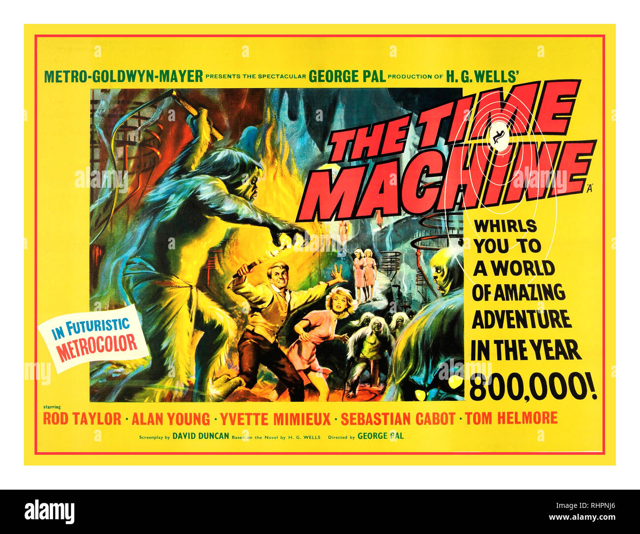 1960 Vintage Science Fiction Movie Film Poster for ‘The Time Machine’ by H.G. Wells The Time Machine (also known promotionally as H. G. Wells' The Time Machine) is a 1960 American science fiction film in ‘Futuristic Metrocolor’ from Metro-Goldwyn-Mayer, produced and directed by George Pal, that stars Rod Taylor, Yvette Mimieux, and Alan Young. Stock Photo