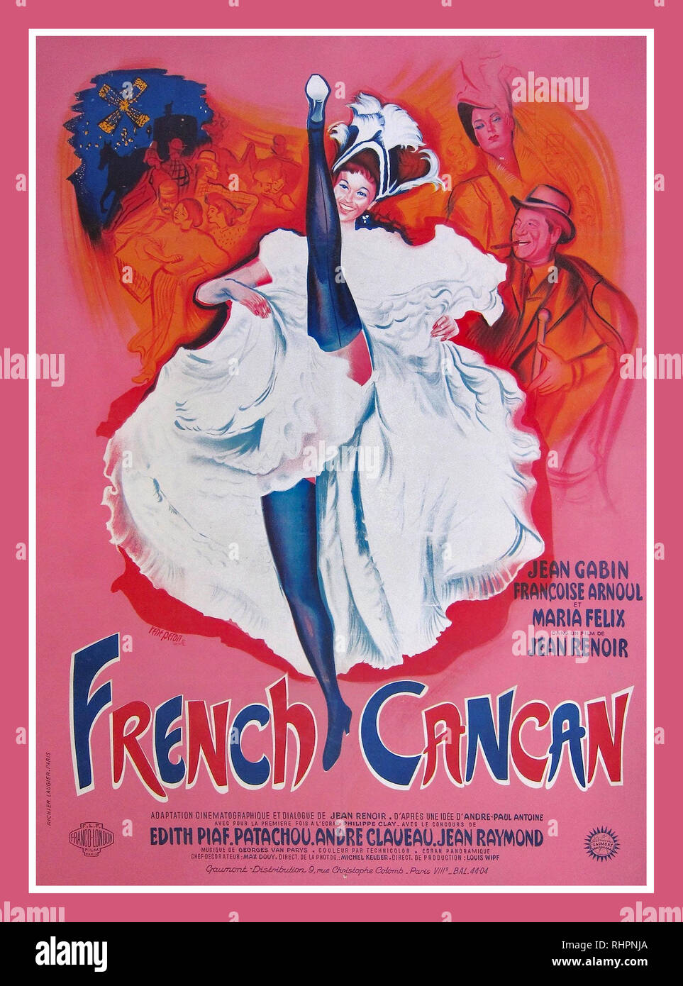 Vintage Movie Film Musical Poster 'French Cancan' is a 1955 French musical film written and directed by Jean Renoir and starring Jean Gabin and Francoise Arnoul. The Musical Movie is a homage to the Parisian café-concert of the 19th century with its popular singers and dancers. Visually, the film evokes the paintings of Edgar Degas and the Impressionists, including his own father, Pierre-Auguste Renoir. It also marked his return to France and to French cinema after an exile that began in 1940 at the Nazi Occupation of France Stock Photo