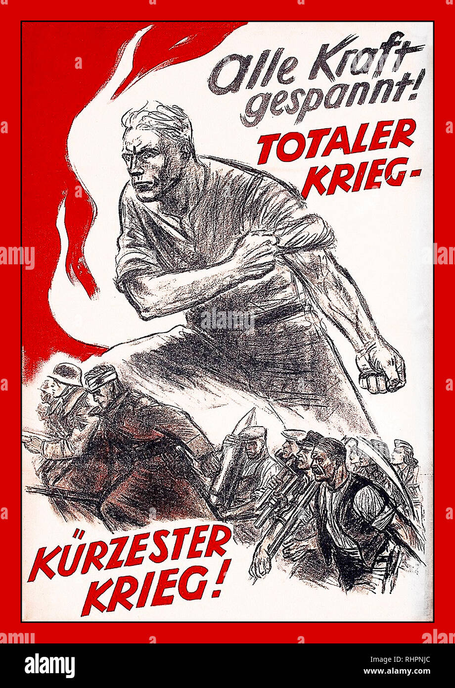 Vintage Propaganda Poster Nazi Germany from the years 1943-44. After the German army went on a series of setbacks in the war against the Soviets, Joseph Goebbels holds his famous speech in Berlin Sportpalast where he coined the term 'total war'.(TOTALER KRIEG) This meant an overall shift in society where industry focused entirely on war production, and enrolment in the military came to include more and more.This poster by Hans Schweitzer (pseudonym Mjölnir) calls the German people to concentrate their efforts to quickly win the war. Hans Schweitzer (Mjölnir) Stock Photo