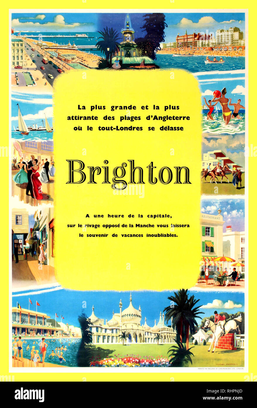 Vintage BRIGHTON 1950’s travel advertising poster in French language to promote the English south coast town of Brighton in France  'where everyone from London goes to enjoy the biggest and best beach of England'. Colourful design  depicting various attractions and activities available to French tourists visiting Brighton, including people playing beach ball in the sea, a view of the beach and seafront buildings along the Promenade, palm trees and flowers, horses, ballroom dancing, sailing and rowing boats, people swimming in an outdoor swimming pool... Stock Photo