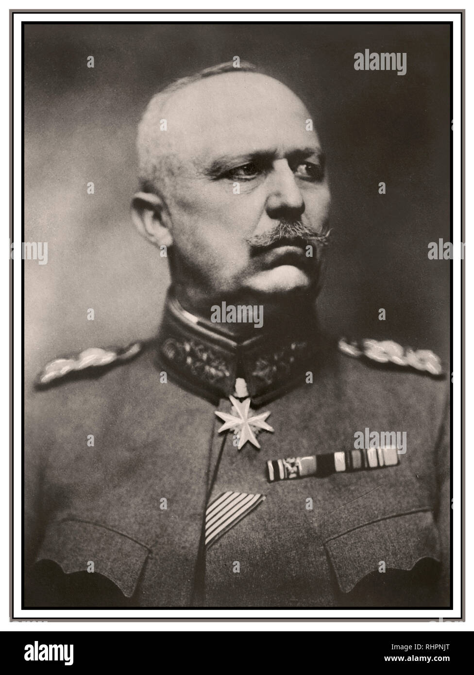 Erich Ludendorff (1865 – 1937) wearing Pour le Mérite, Germany’s highest military award As a German general he achieved major success at Liege and Tannenburg. He rose to be joint head of the German army with Hindenburg. He was a tough uncompromising commander and advocated unrestricted submarine warfare and the policy of ‘lebensraum’. He also led the unsuccessful final German offensive of 1918. Stock Photo