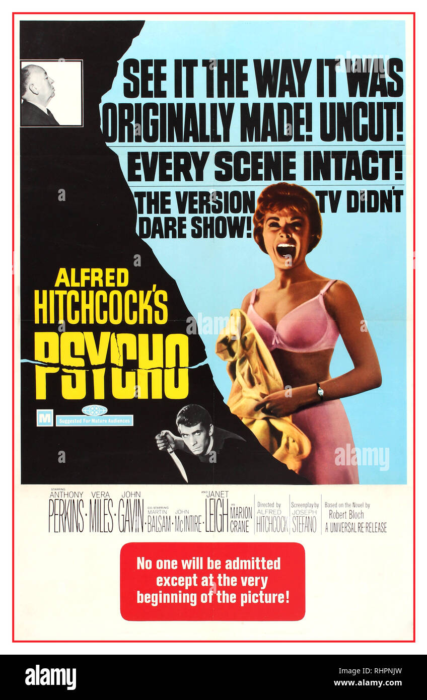 PSYCHO HITCHCOCK Vintage poster for  classic horror film Psycho. Psycho is a 1960 American psychological horror film directed and produced by Alfred Hitchcock, and written by Joseph Stefano. It stars Anthony Perkins, Janet Leigh, John Gavin, Vera Miles, and Martin Balsam, and was based on the 1959 novel of the same name by Robert Bloch. The film centers on an encounter between a secretary, Marion Crane (Leigh), who ends up at a secluded motel after stealing money from her employer, and the motel's owner-manager, Norman Bates (Perkins), and its aftermath USA. 1969 Stock Photo