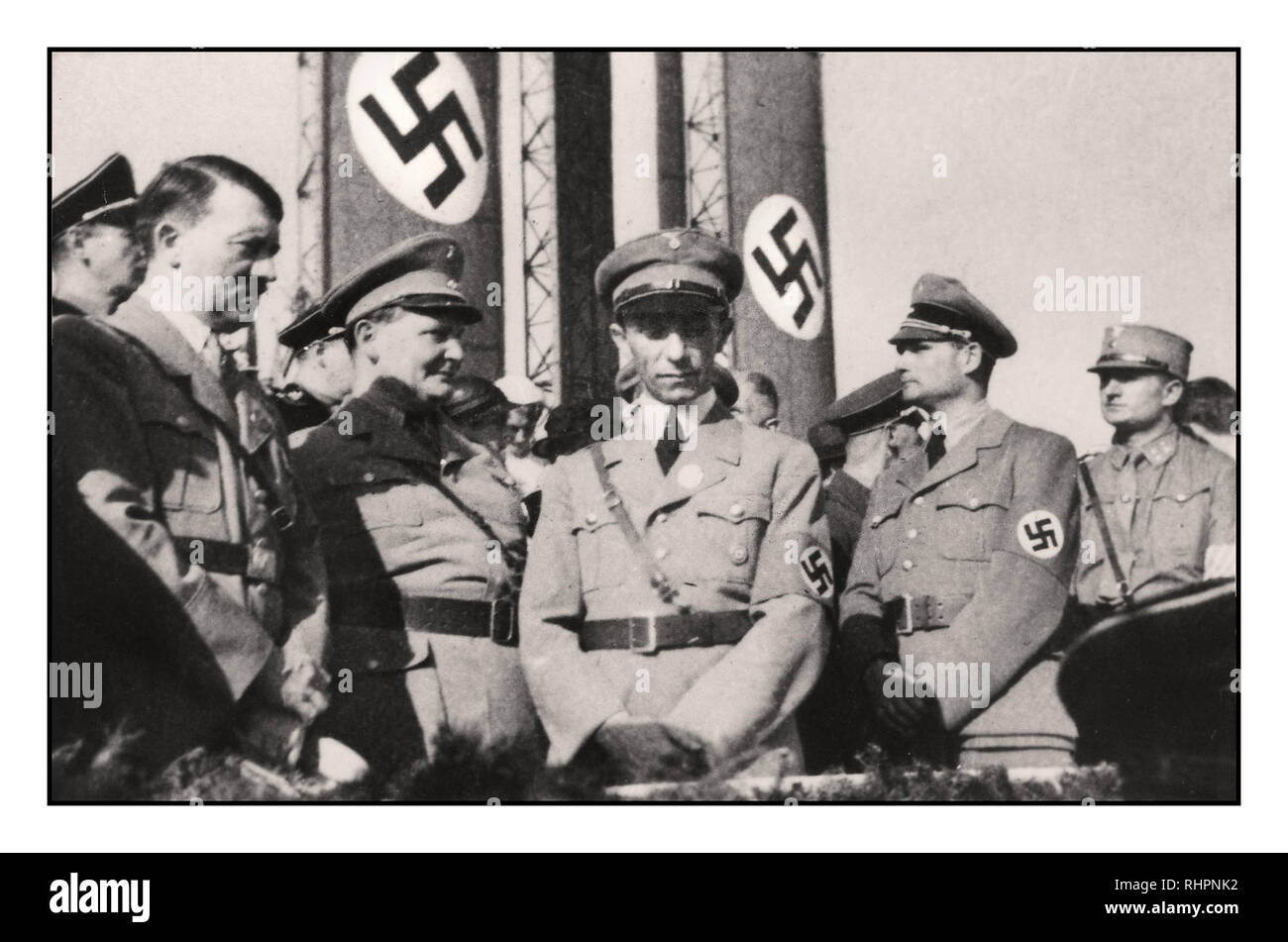 Nazi leaders leadership at Nazi Party Rally in the 1930s. L-R: Adolf Hitler; Herman Goering, Joseph Goebbels, Rudolph Hess. Rare Pre-War image of the infamous group of top Nazi architects of the Night of the Long Knives:  Only Himmler and Heydrich are absent. Stock Photo