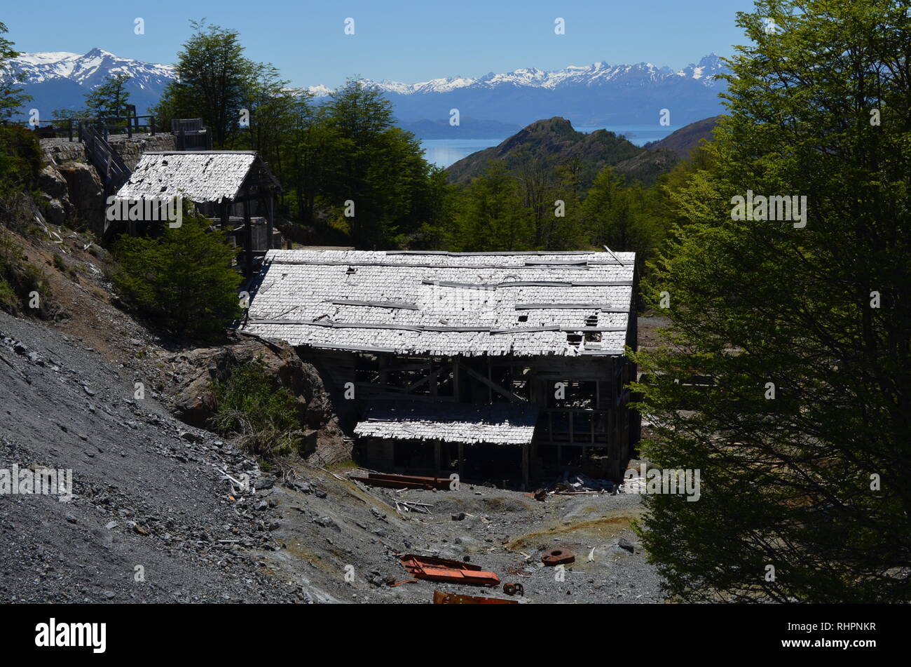 Mina Escondida, an abandoned lead, zinc and copper mine near Puerto Guadal, Chile Stock Photo