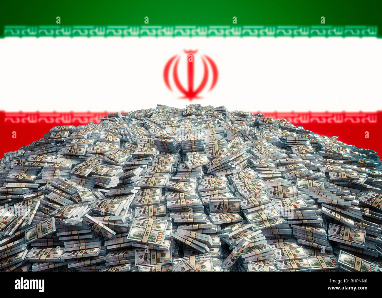 Pile of new 100 Dollar Bills in front of an Iran Flag 3D Rendering