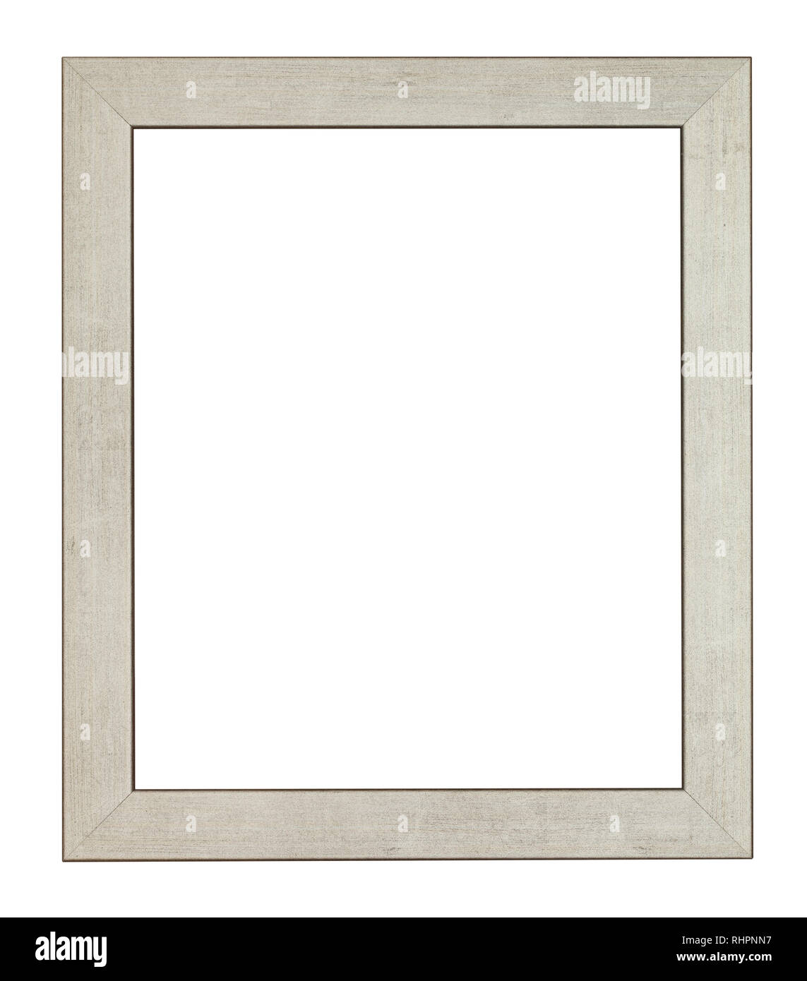 empty flat gray wooden picture frame with cut out canvas isolated on white background Stock Photo