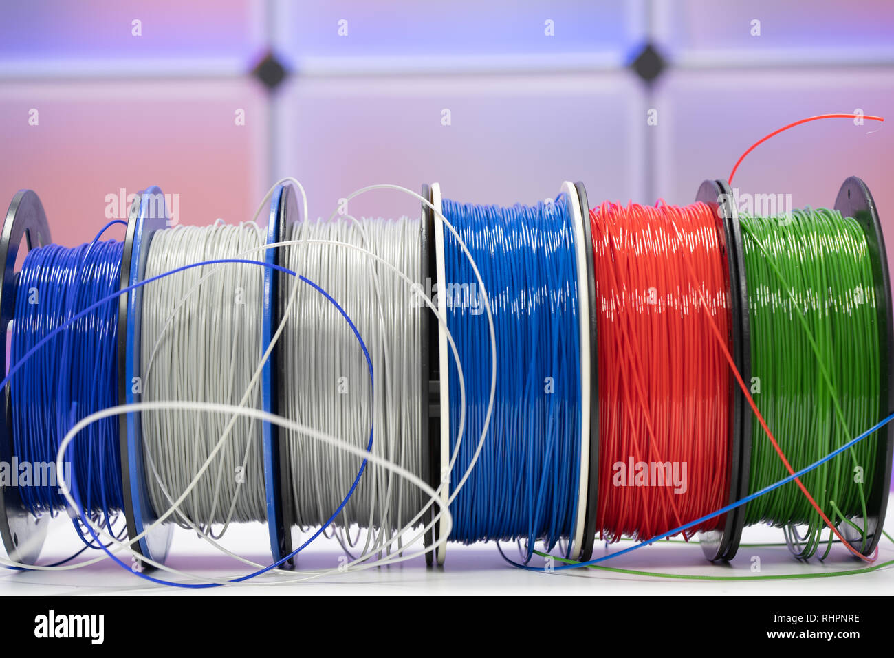 Spools of plastic filaments for 3D Printer Stock Photo