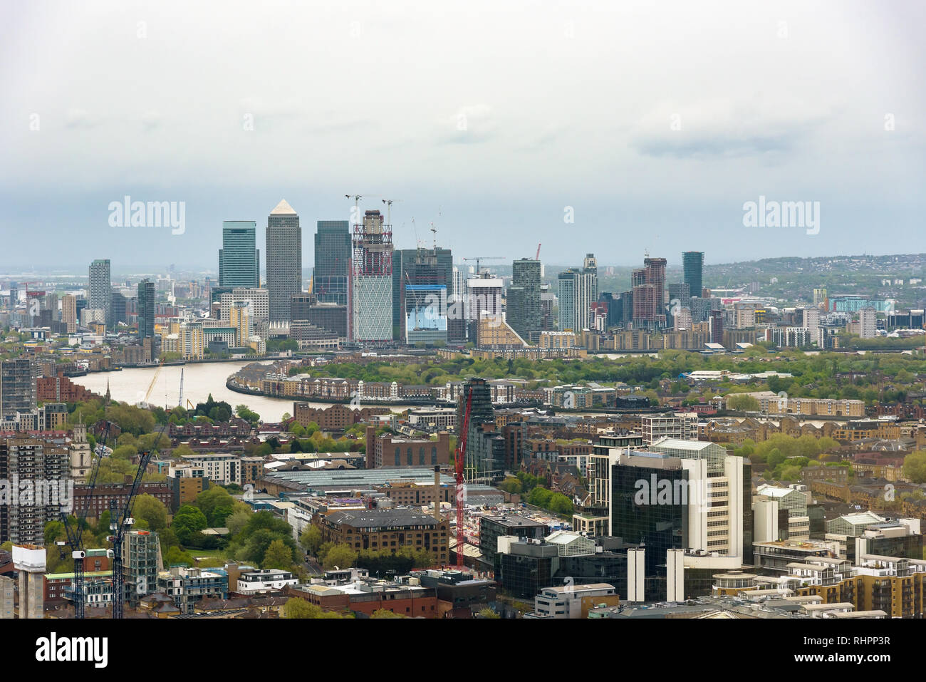 Skyline of eastern London with skyscrapers in the docklands Stock Photo