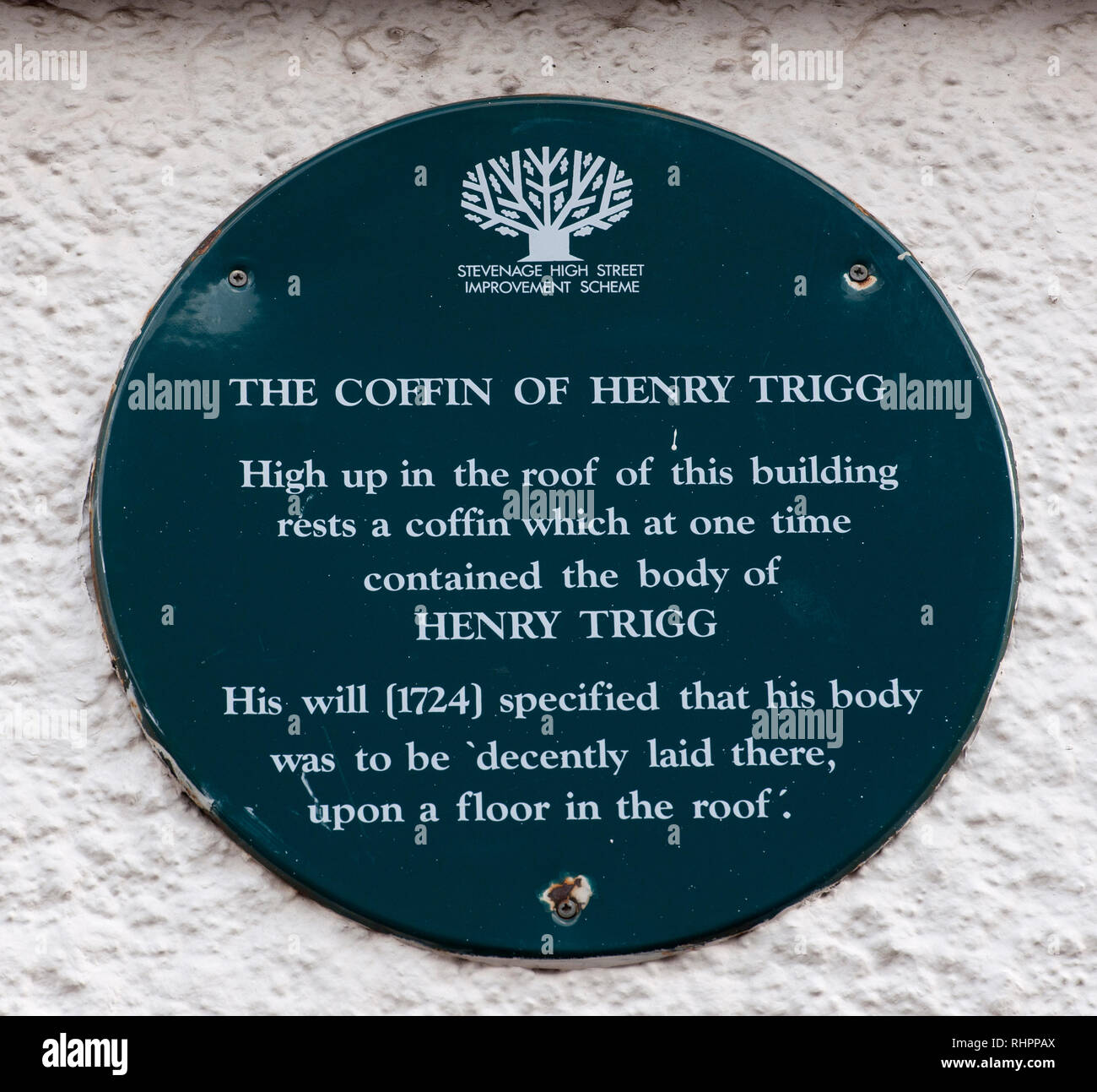 Heritage plaque on the site where the coffin of Henry Trigg was placed, Stevenage, Hertfordshire, England, UK. Stock Photo