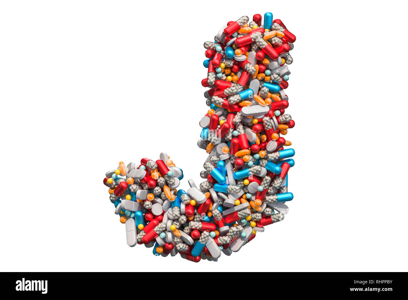 Letter J from medicine pills, capsules, tablets. 3D rendering isolated