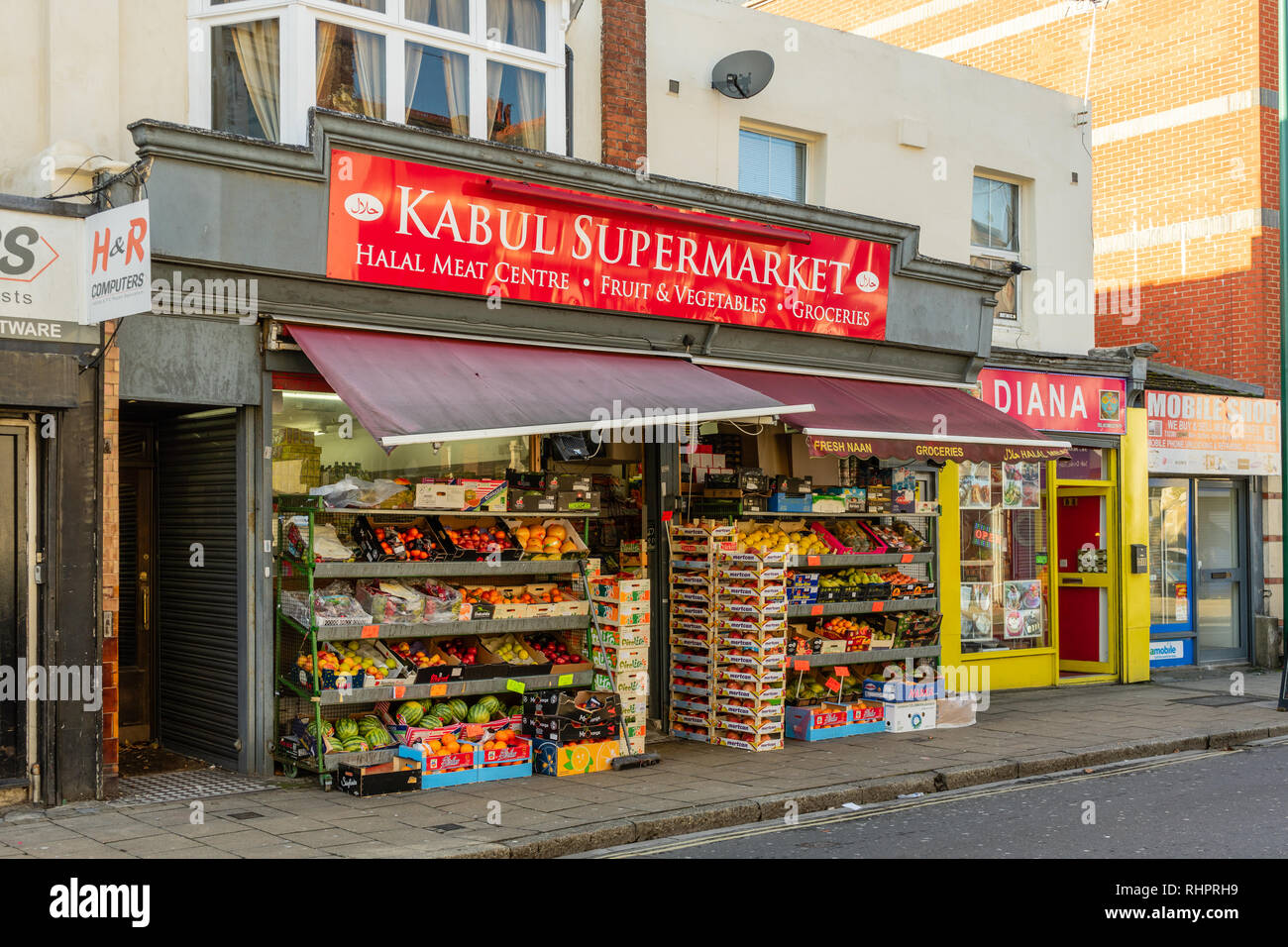 A fruit and vegetable oriental shop facade in St Mary Street in