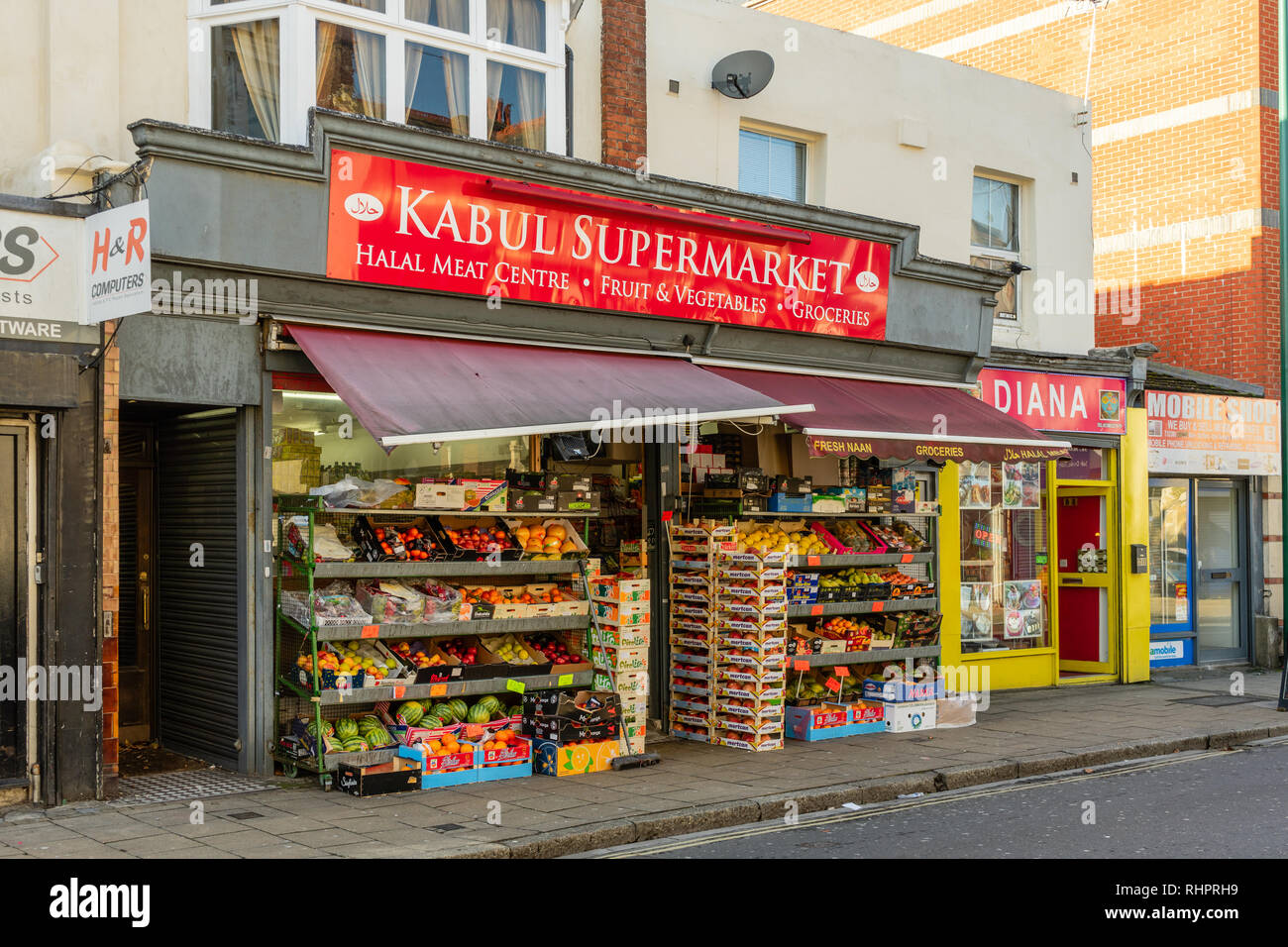 A fruit and vegetable oriental shop facade in St Mary Street in Southampton, England, UK Stock Photo