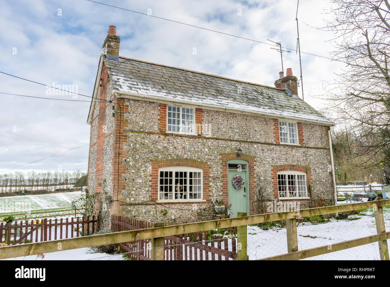 English countryside cottage in the South Downs during winter, South Downs National Park, Hampshire, England, UK Stock Photo