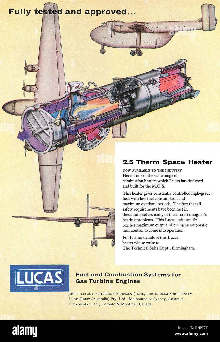 1956 British advertisement for Lucas gas turbine engines for aviation. Stock Photo