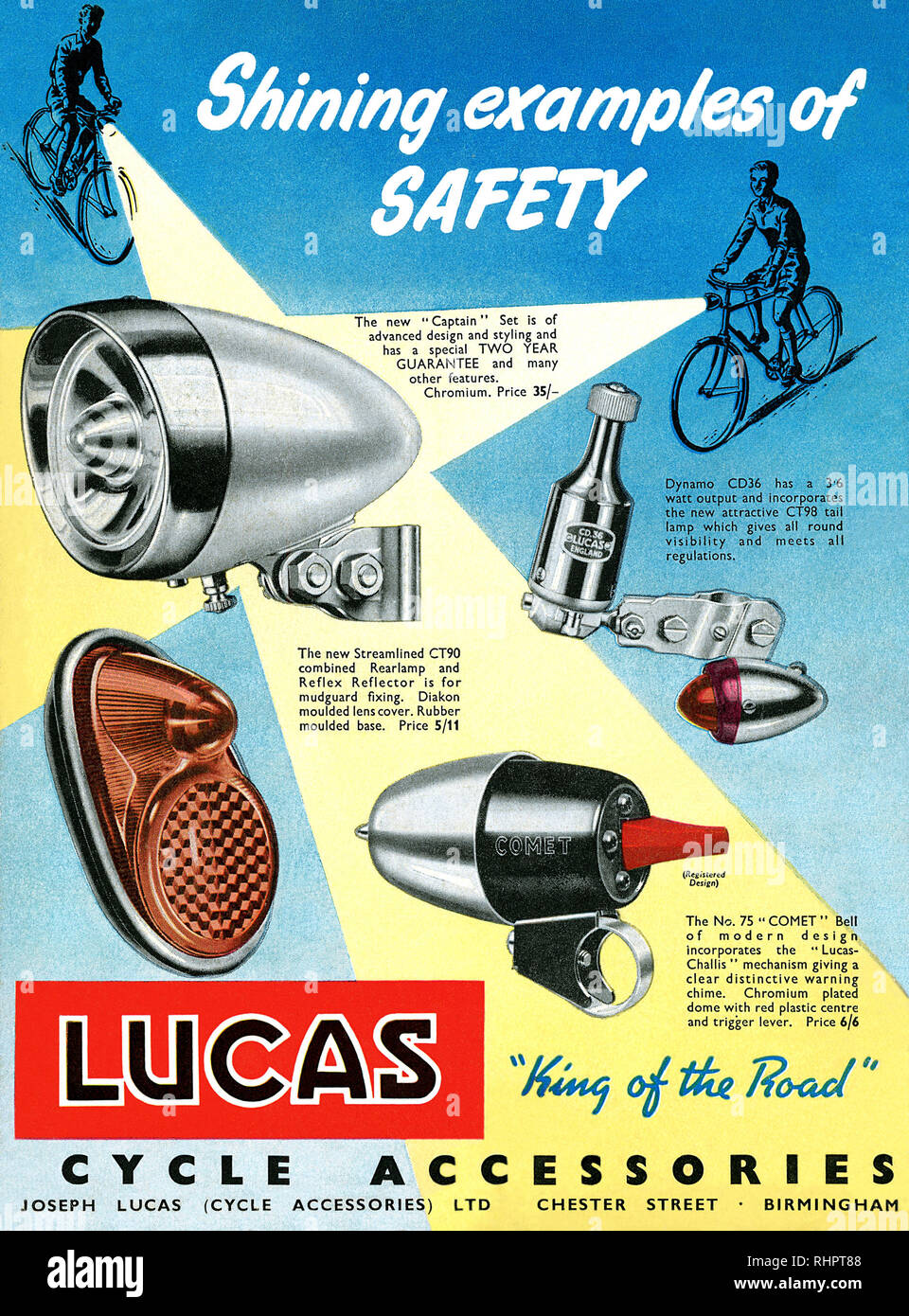 1956 British advertisement for Lucas bicycle lamps. Stock Photo