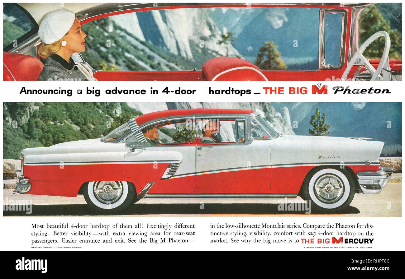 1956 U.S. advertisement for the Ford Mercury Phaeton automobile. Stock Photo