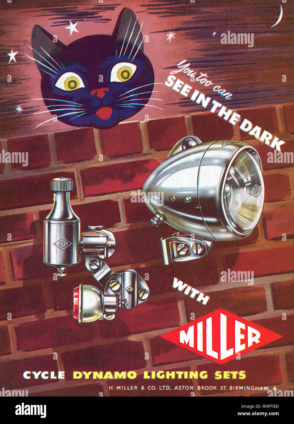 1956 British advertisement for Miller dynamo bicycle lights. Stock Photo