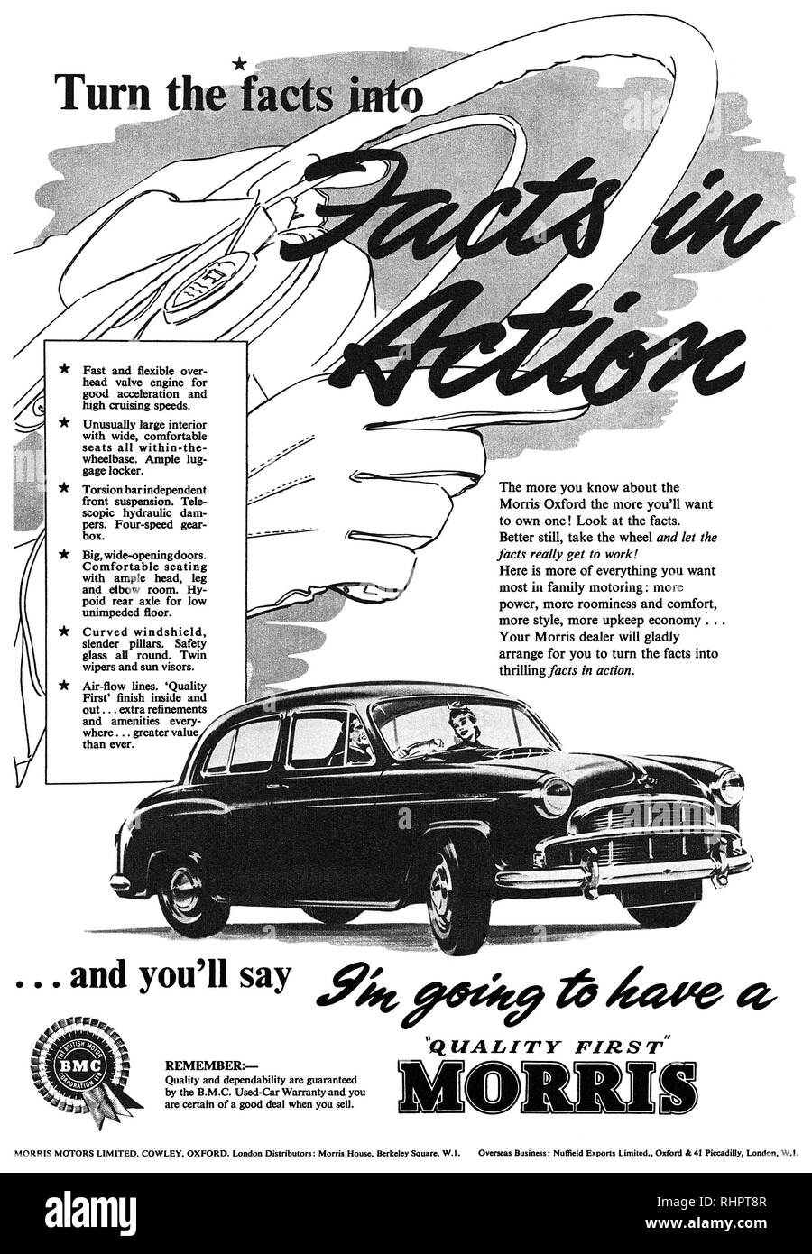 1956 British advertisement for the Morris Oxford motor car. Stock Photo