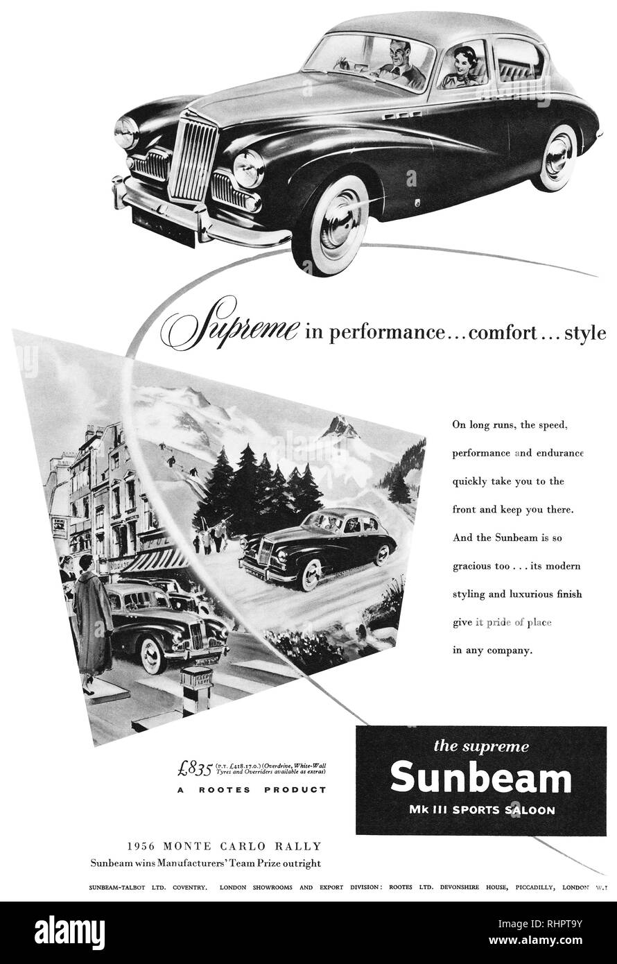 1956 British advertisement for the Sunbeam Mark III sports saloon motor car. Stock Photo