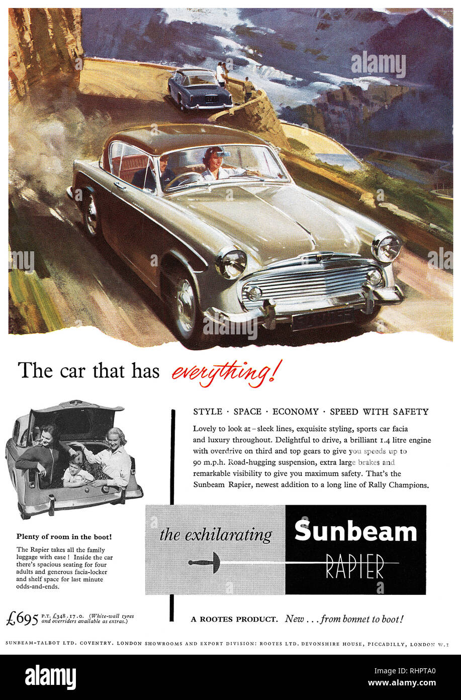 1956 British advertisement for the Sunbeam Rapier motor car. Stock Photo