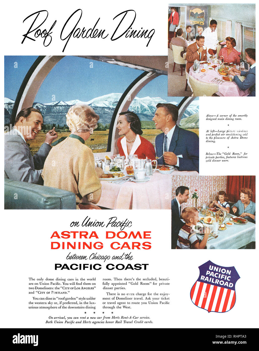 1956 U.S. advertisement for Union Pacific Railroad astra dome dining cars. Stock Photo