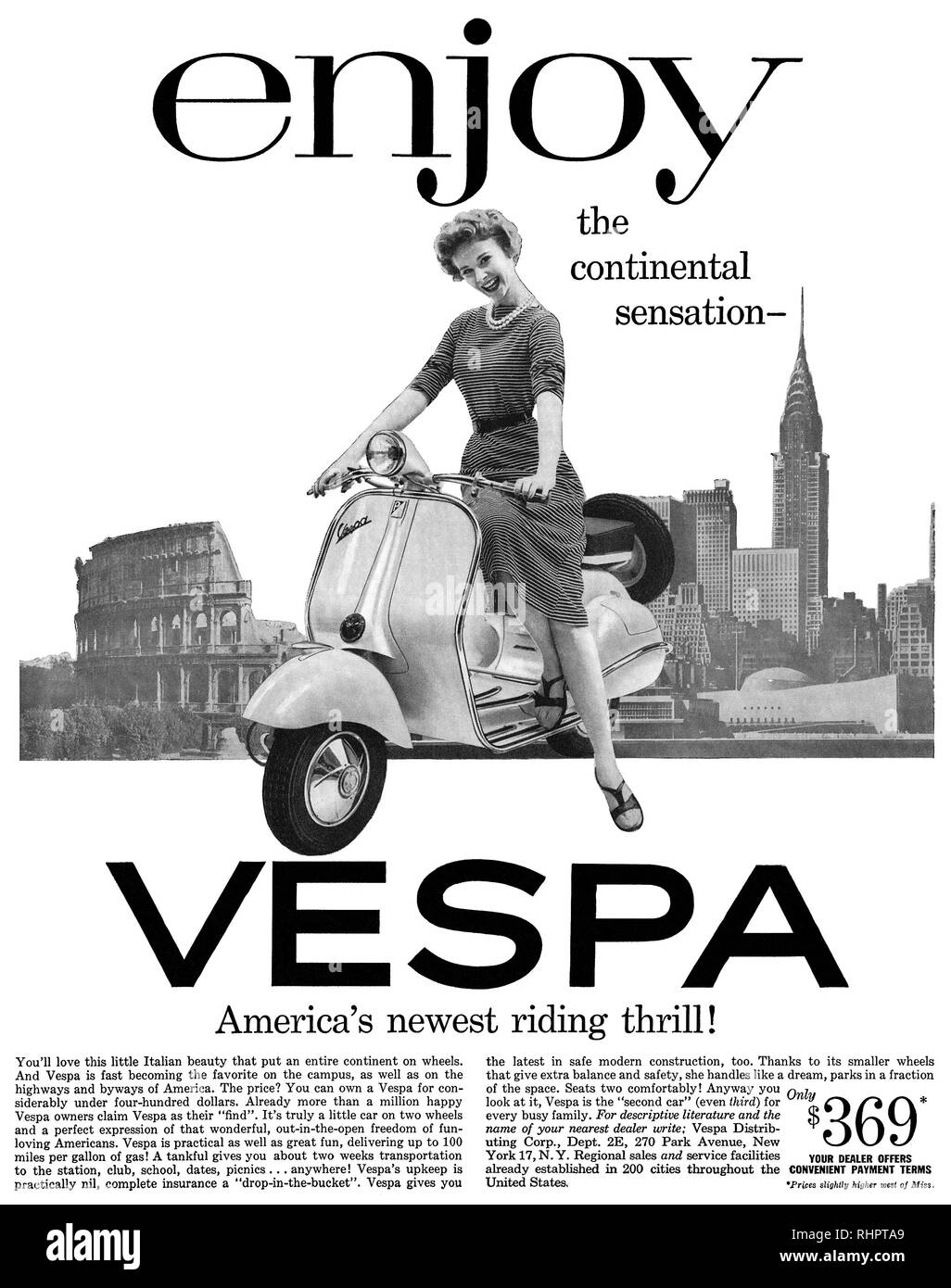 1956 U.S. advertisement for Vespa scooters. Stock Photo