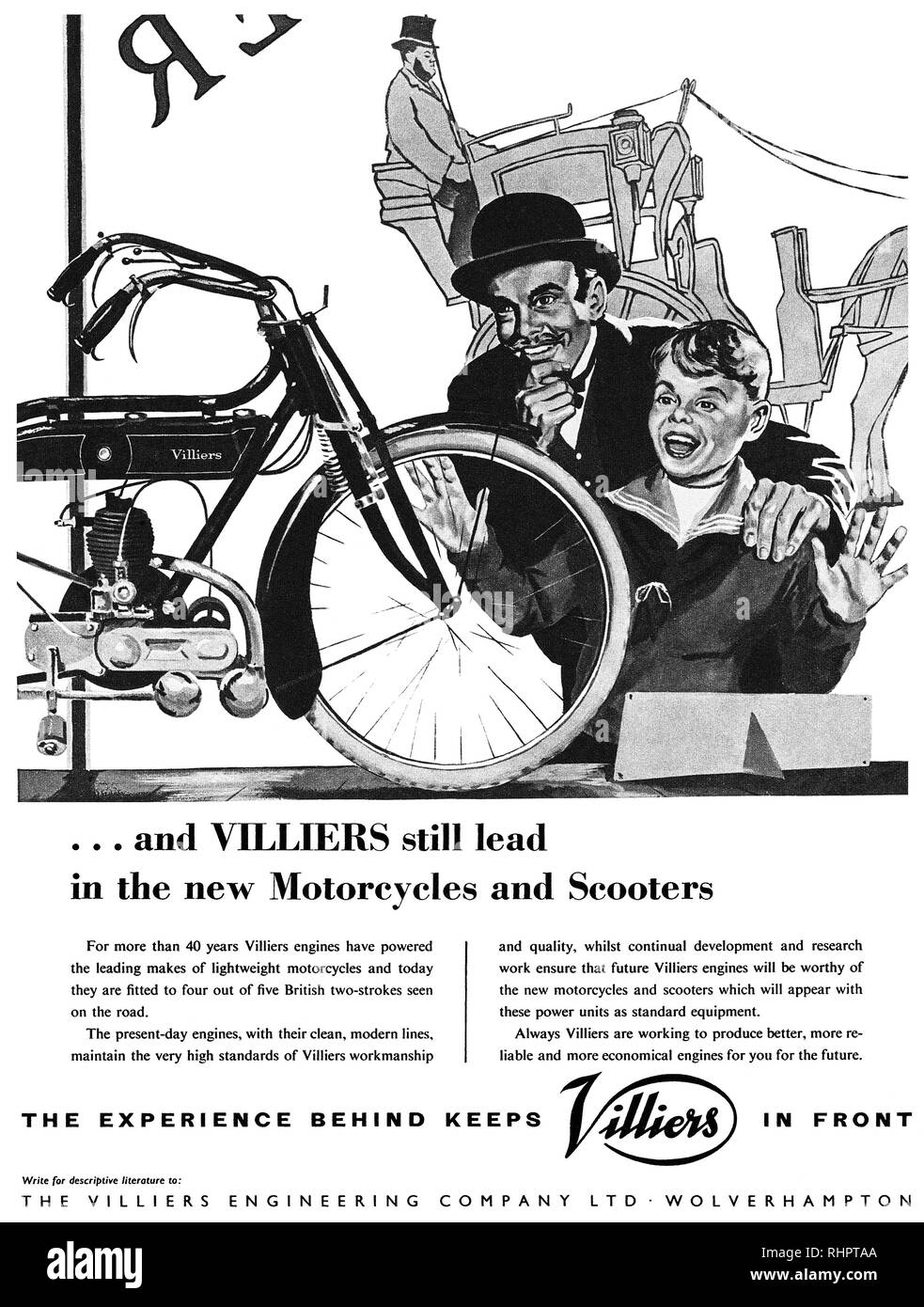 1956 British advertisement for Villiers motorcycles and scooters. Stock Photo