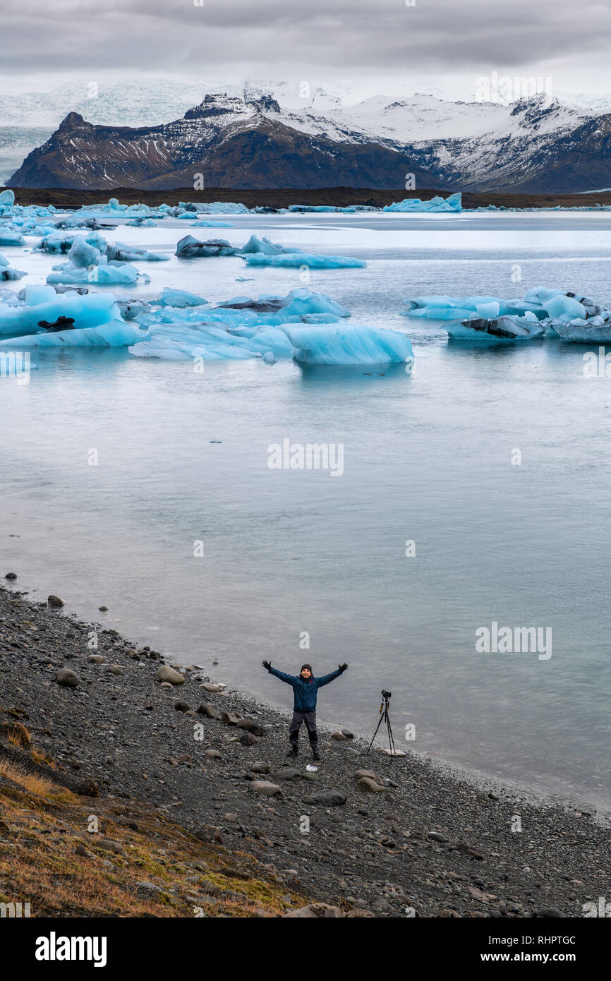 The glacier lagoon Jokulsarlon, located in Southeast Iceland is filled with icebergs. This ice