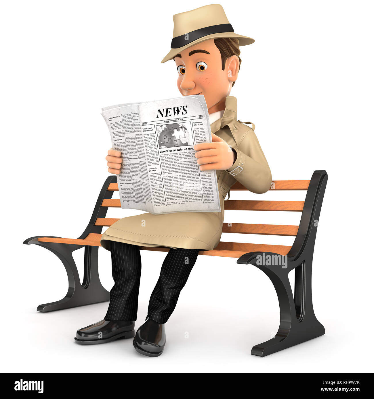 3d detective reading newspaper on public bench, illustration with isolated white background Stock Photo