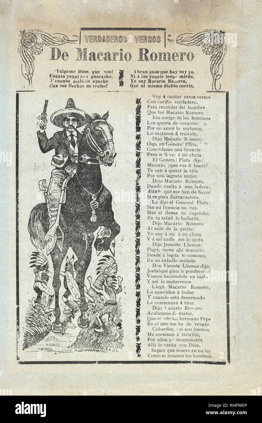 Broadside shows portrait of military leader Macario Romero on horseback and Indians wearing feathered headdresses in the background. The text tells of the murder of Romero by his girlfriend's father and speaks about his valor. Romero fought against the government of President Sebastián Lerdo de Tejada and served in the state of Morelos until he was killed in 1878 or 1879. Stock Photo