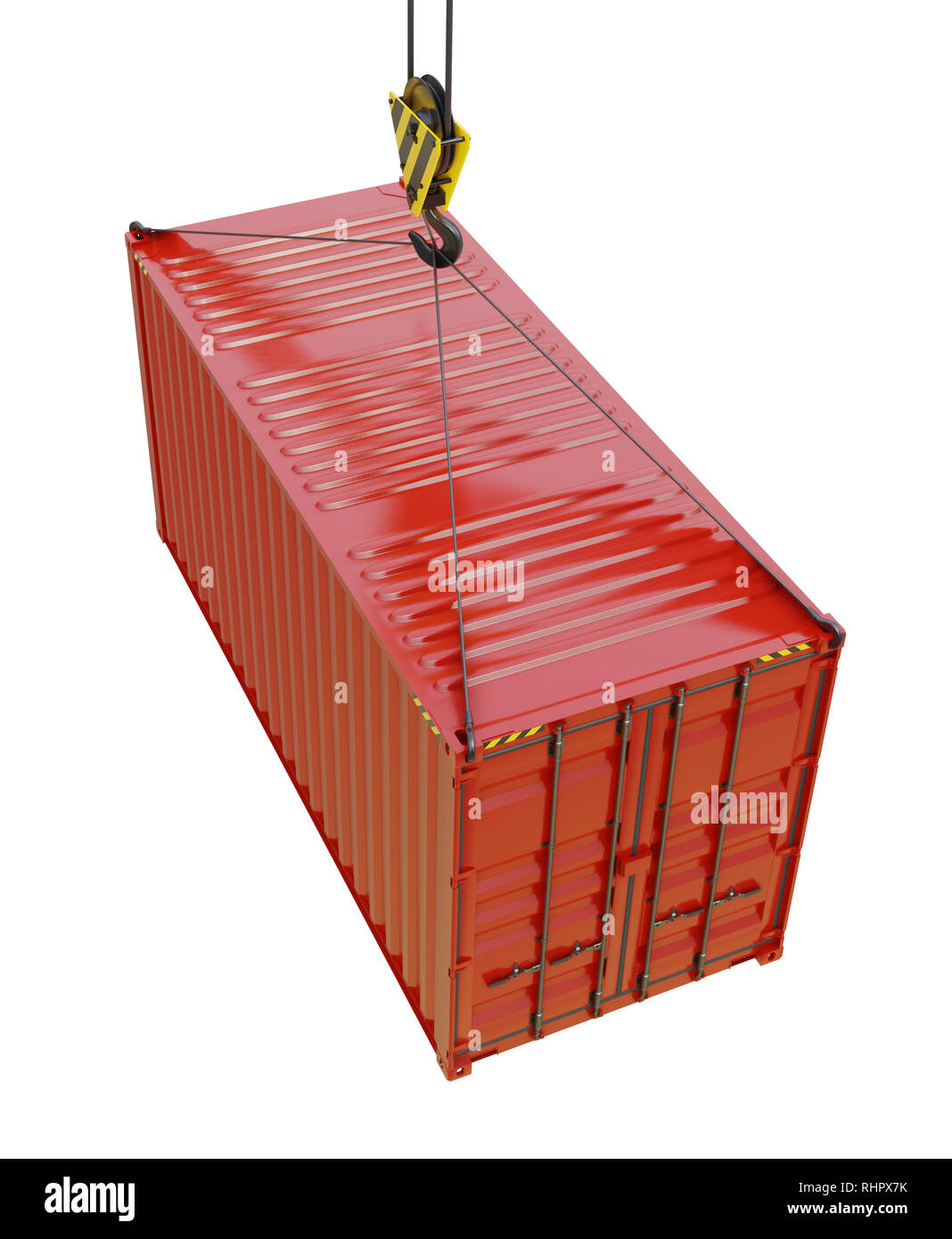 Red cargo container hoisted by hook Stock Photo