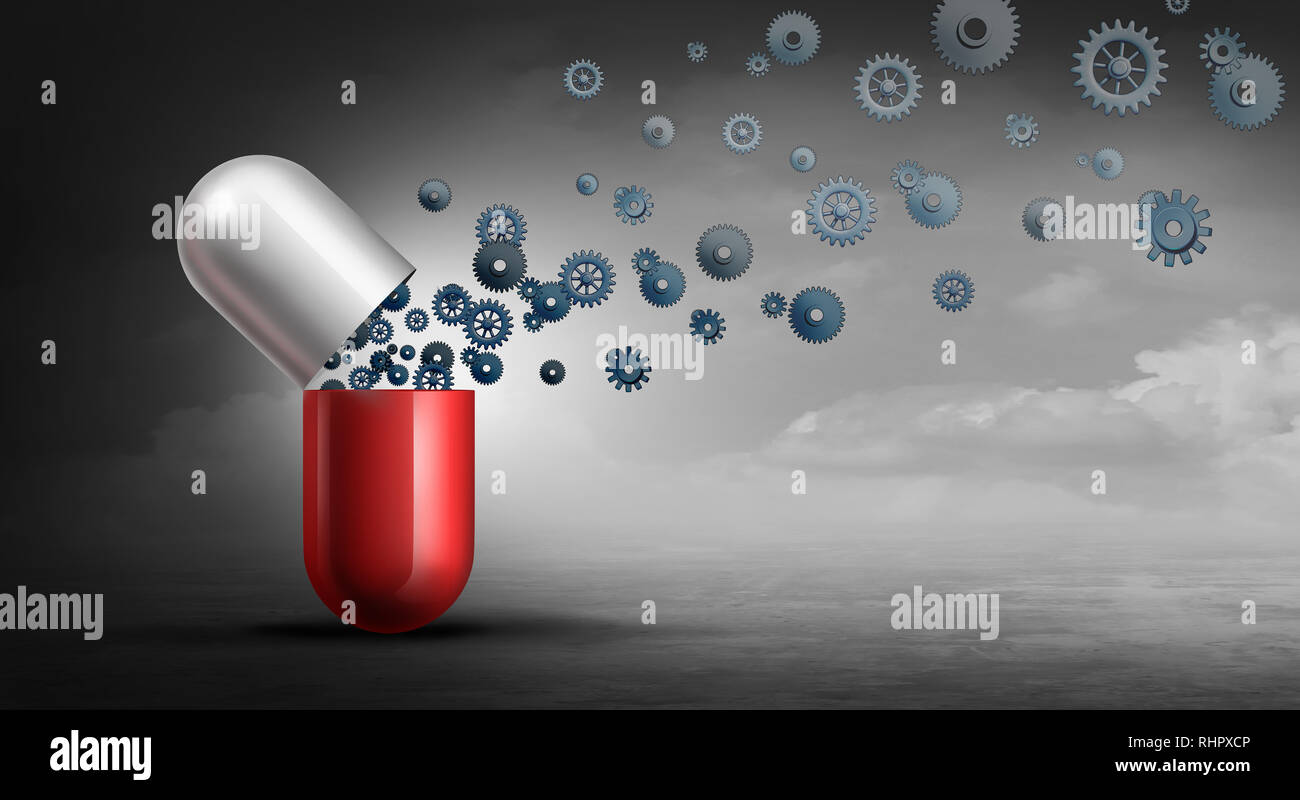 Pharmaceutical Pharmacy industry and generic or brand medication marketing concept with 3D illustration elements. Stock Photo