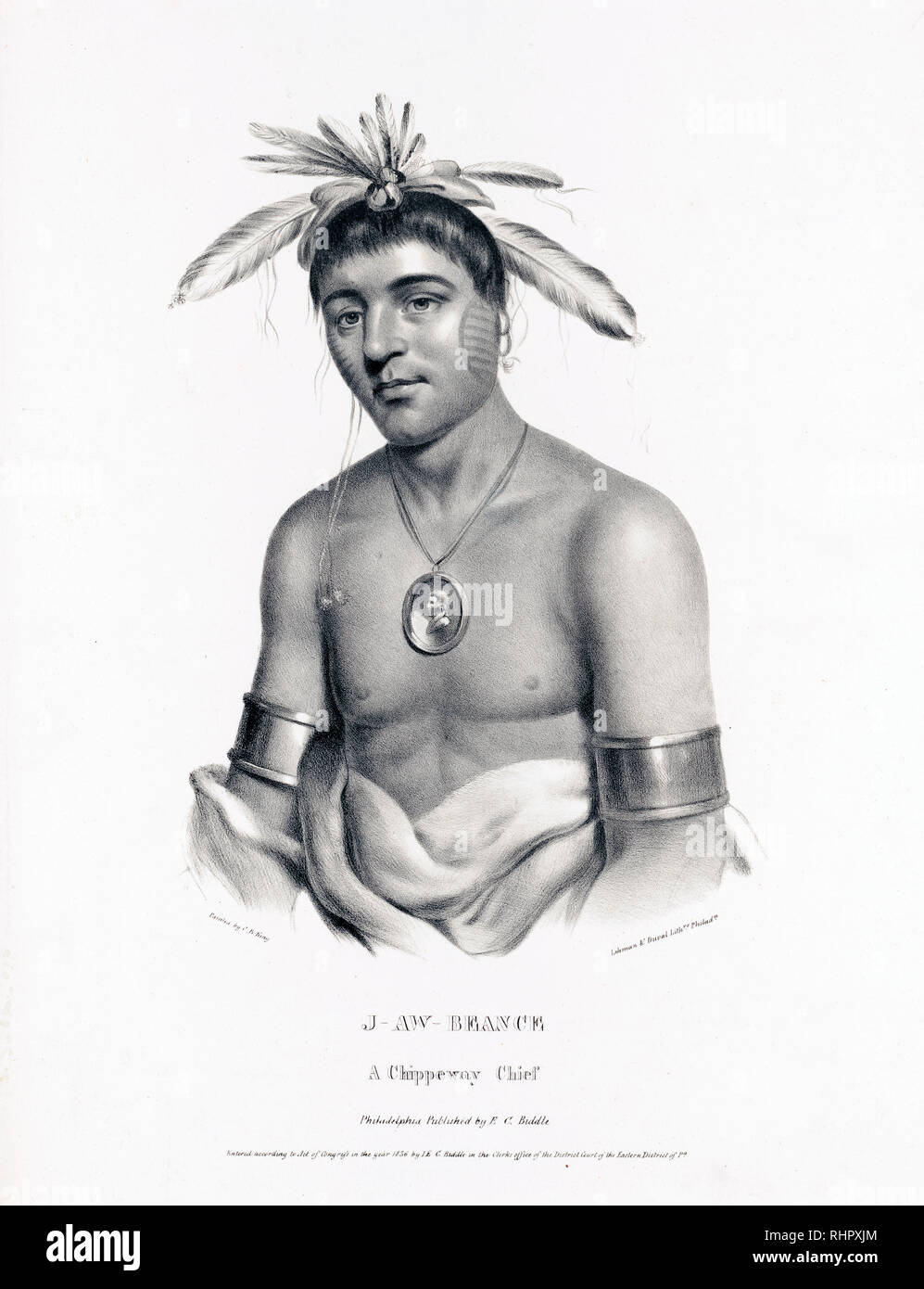 Print shows J-Aw-Beance, half-length portrait, facing left, wearing feathered headdress, metal armbands, and a portrait medallion around his neck. Stock Photo