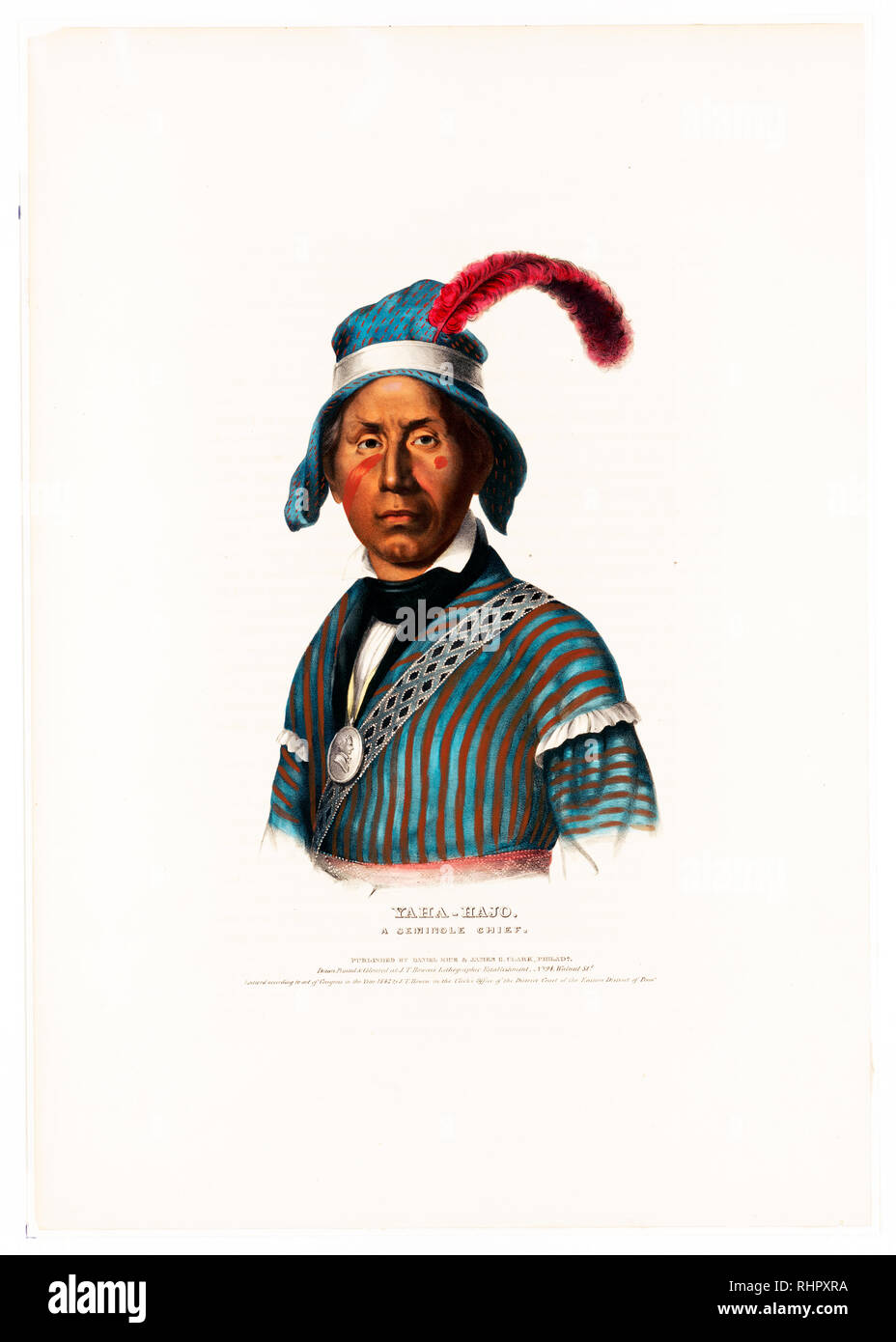 Print shows Yaha-Hajo, half-length portrait, facing front, wearing a striped garment and a portrait medallion, with a piece of cloth over his head with a band and a feather in the band. Stock Photo