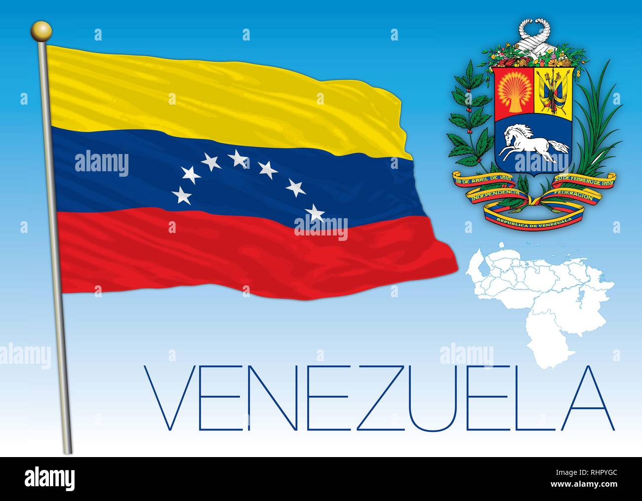 Venezuela flag with seven stars and coat of arms, vector illustration Stock Vector