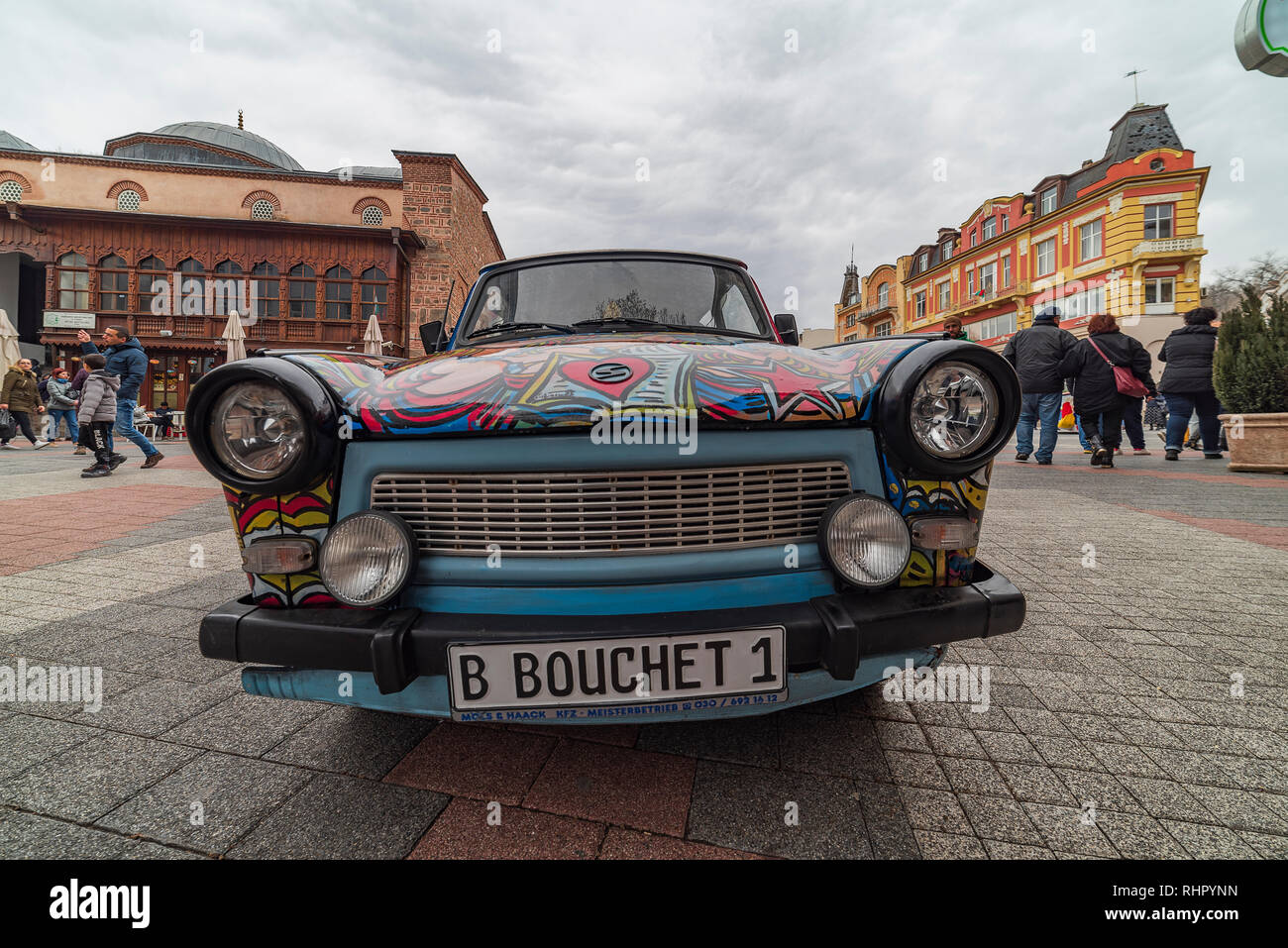 Plovdiv city / Bulgaria: Trabant car art painted by original artist of the Berlin Wall - expose in central square in Plovdiv city Stock Photo