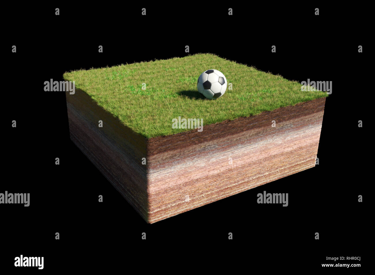 model of a cross section of ground with soccer ball on soccer field (3d illustration, isolated with shadow on black background) Stock Photo