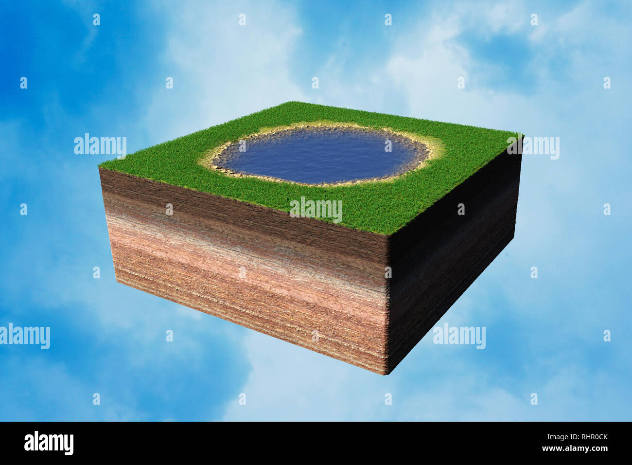 cross section of ground with small lake and grass, pond cube concept in front of a beautiful blue sky with clouds (3d illustration) Stock Photo
