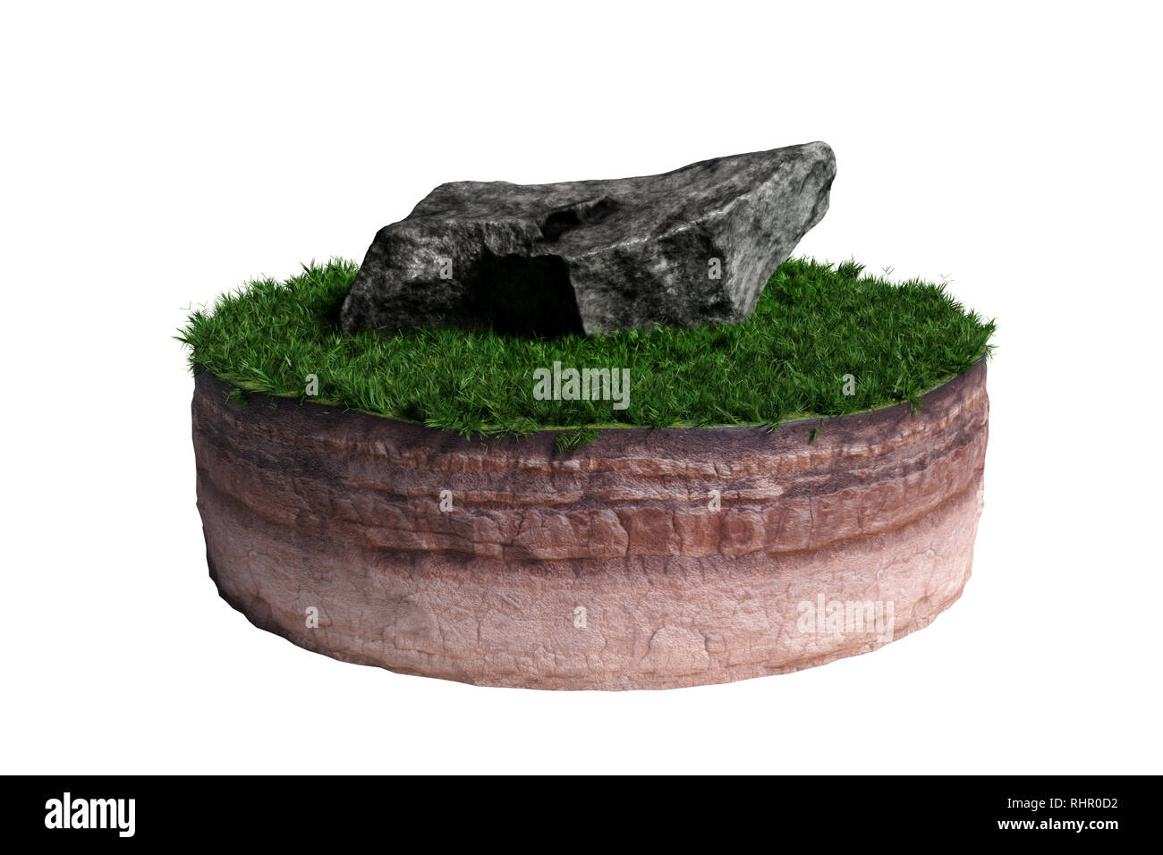 model of a cross section of ground with grass and a huge stone on the surface (3d render, isolated on white background) Stock Photo
