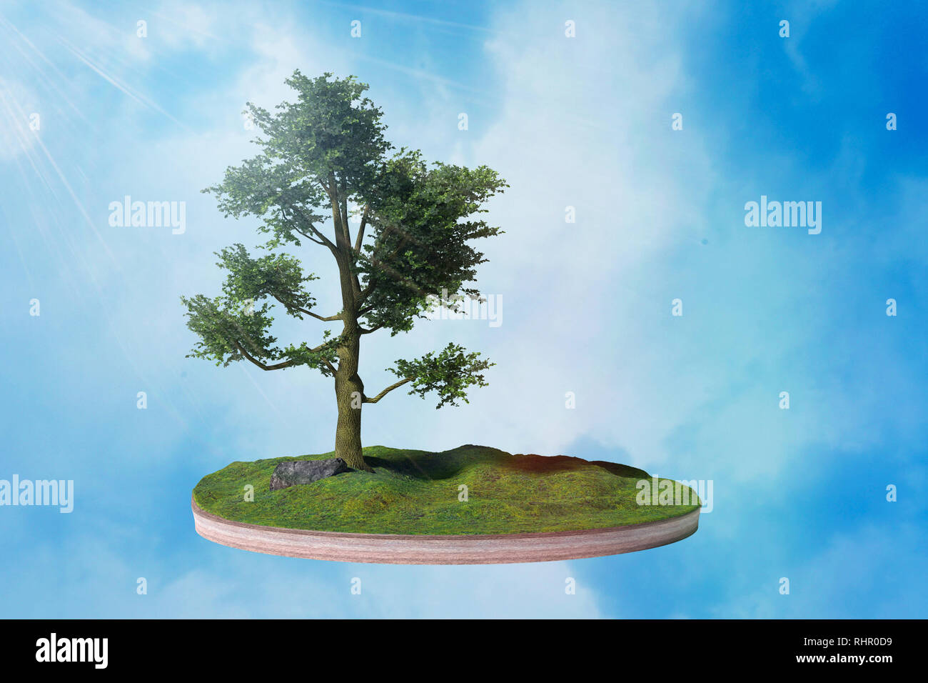 model of a cross section of ground with tree, rock and grass on the surface in front of the sky (3d illustration) Stock Photo