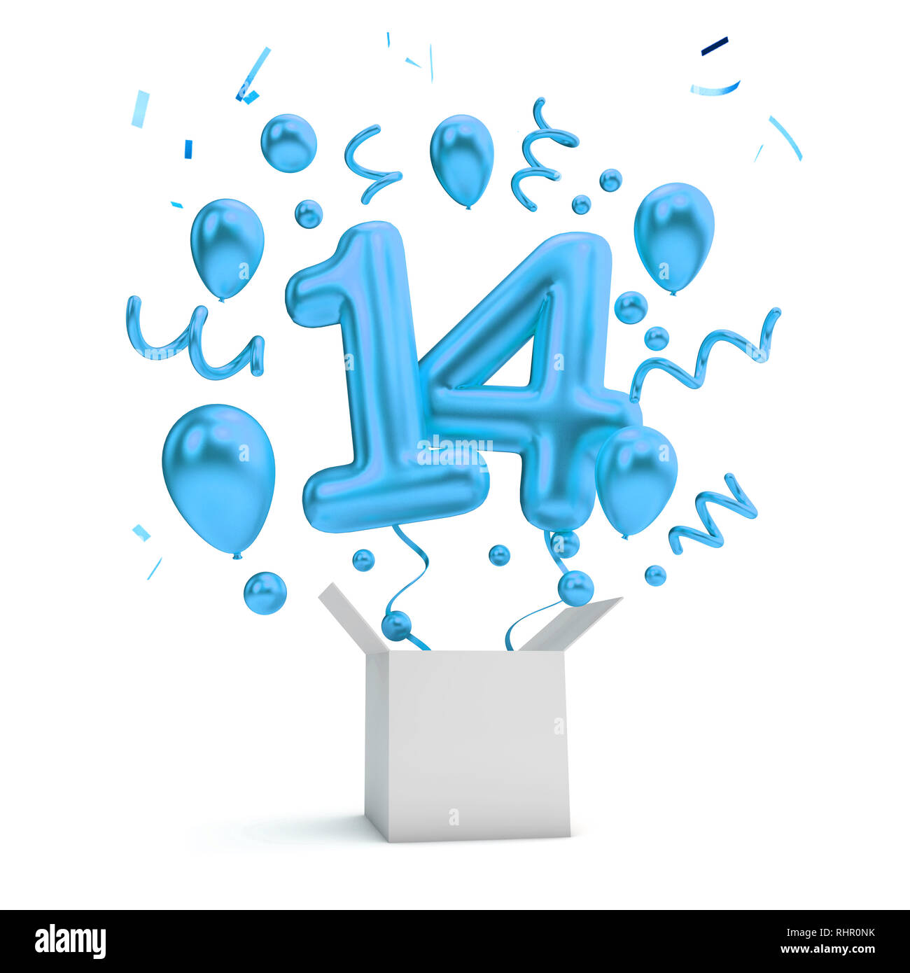 Happy 14th birthday blue surprise balloon and box. 3D Rendering Stock Photo - Alamy