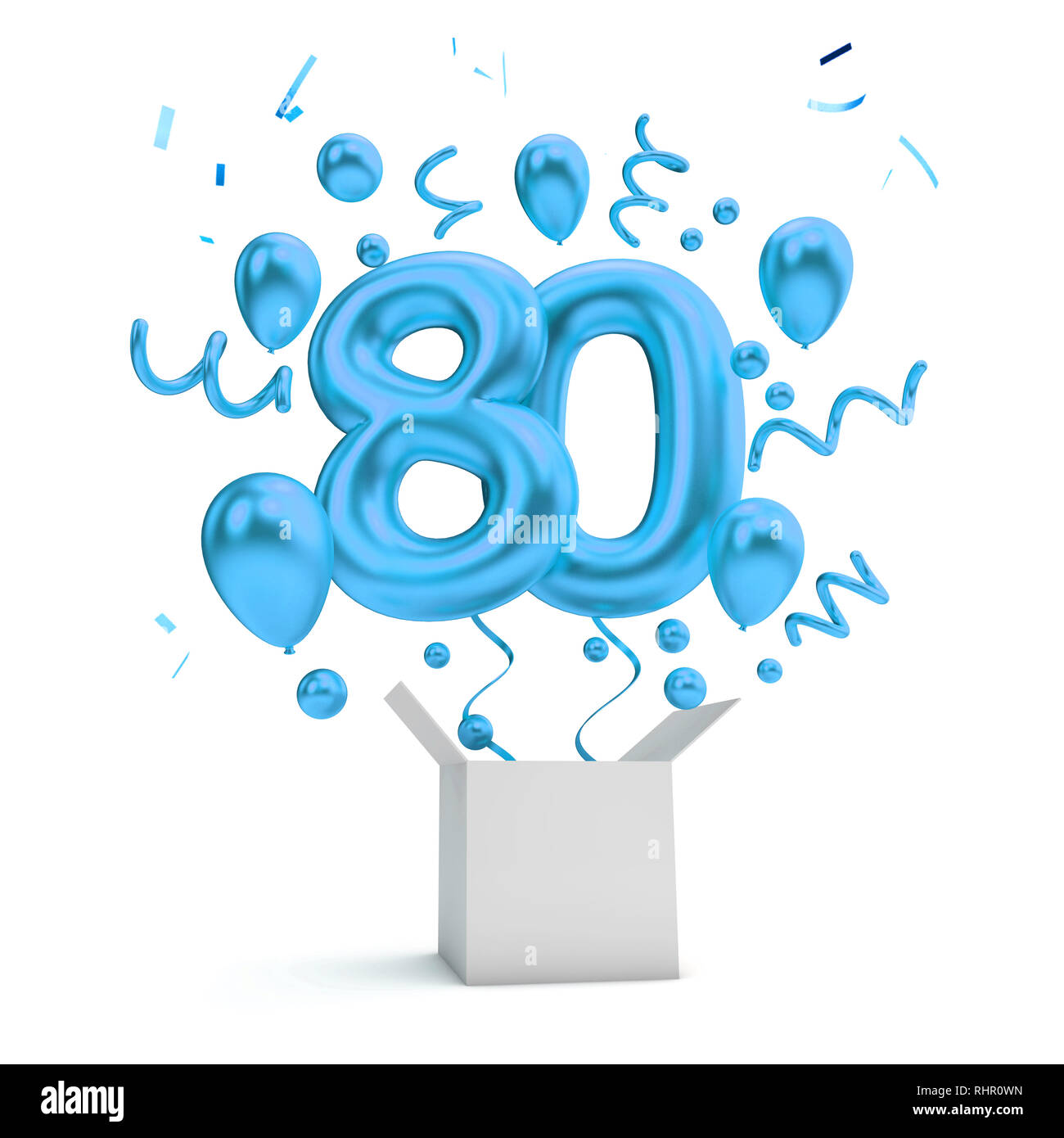 Happy 80th Birthday Blue Surprise Balloon And Box 3d Rendering Stock Photo Alamy